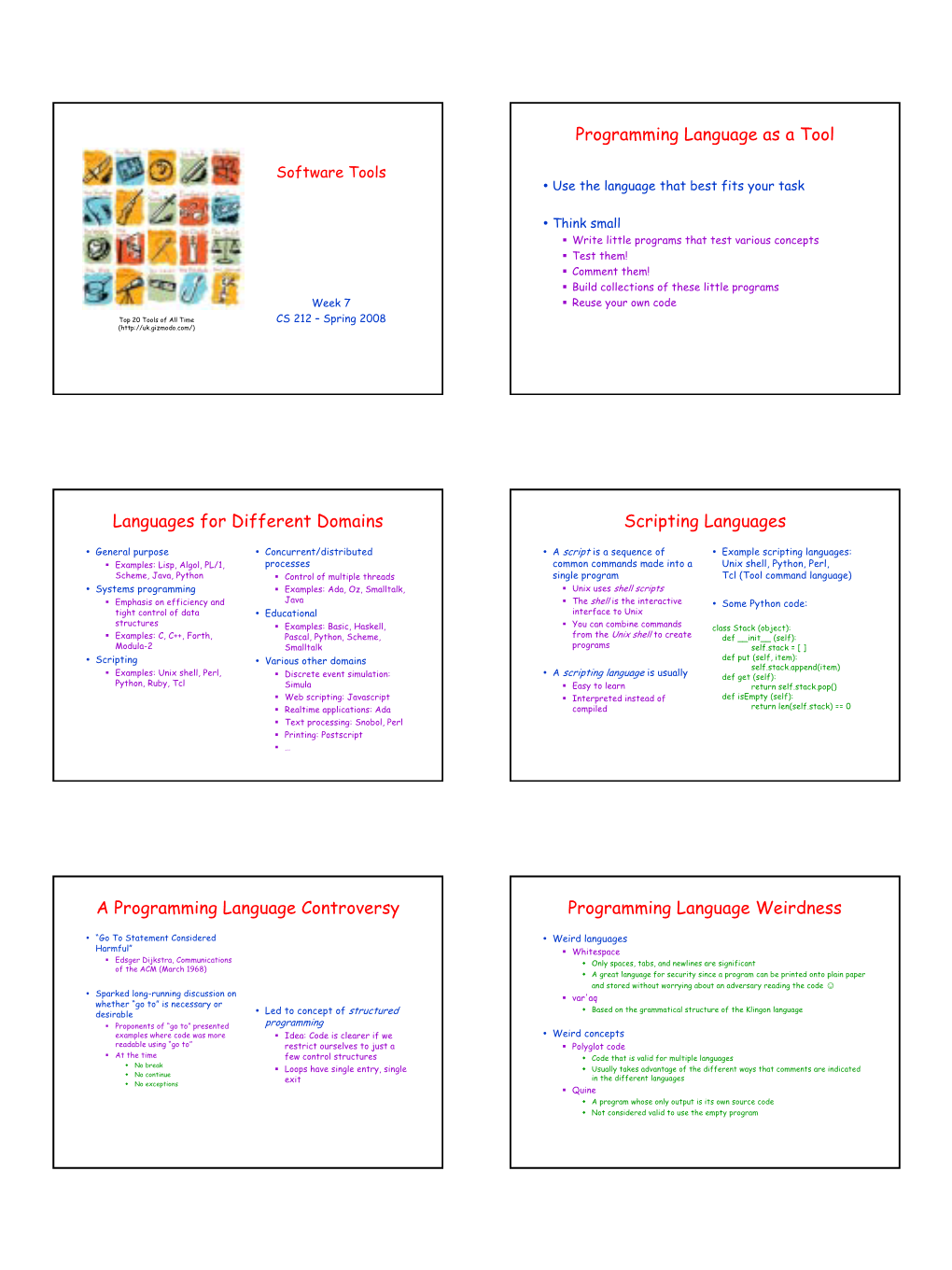 Week 7 " Reuse Your Own Code Top 20 Tools of All Time CS 212 – Spring 2008 (