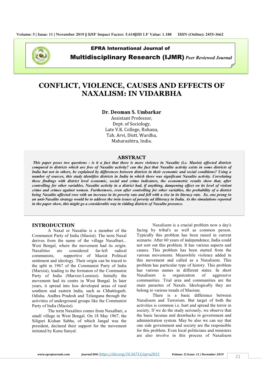 Conflict, Violence, Causes and Effects of Naxalism: in Vidarbha