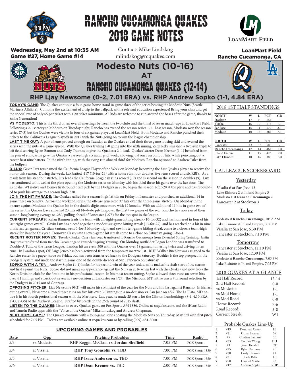 Rancho Cucamonga Quakes 2018 Game Notes