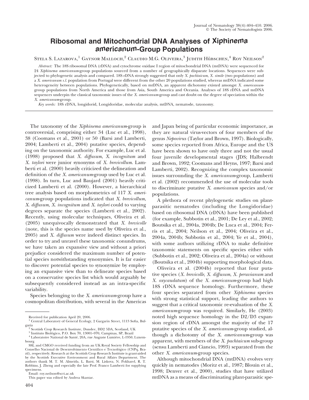 Ribosomal and Mitochondrial DNA Analyses of Xiphinema Americanum-Group Populations Stela S