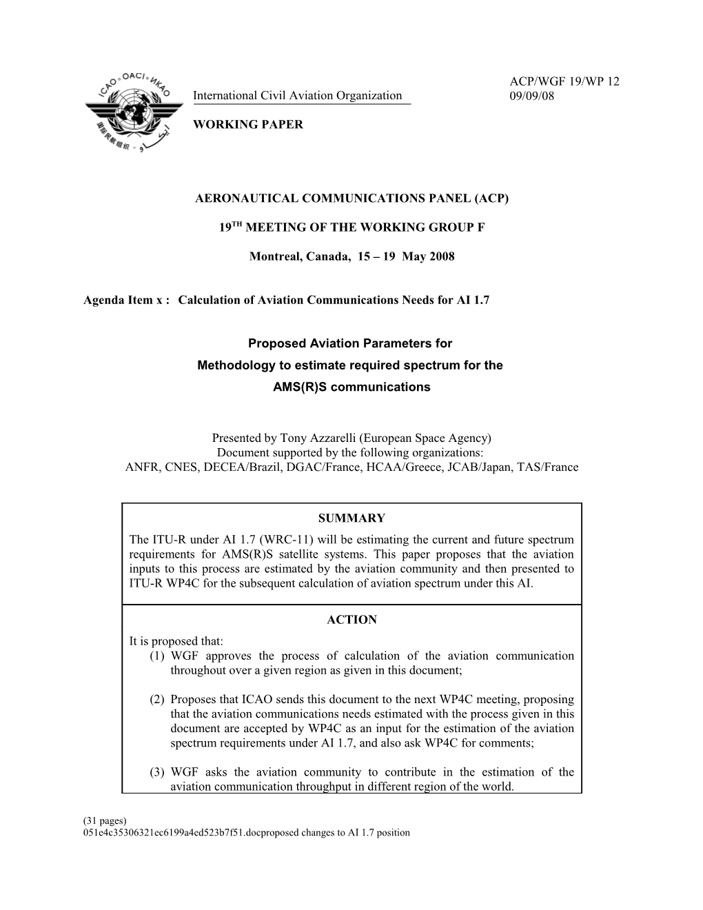 Proposed Aviation Parameters for Methodology to Estimate Required Spectrum for the AMS(R)S