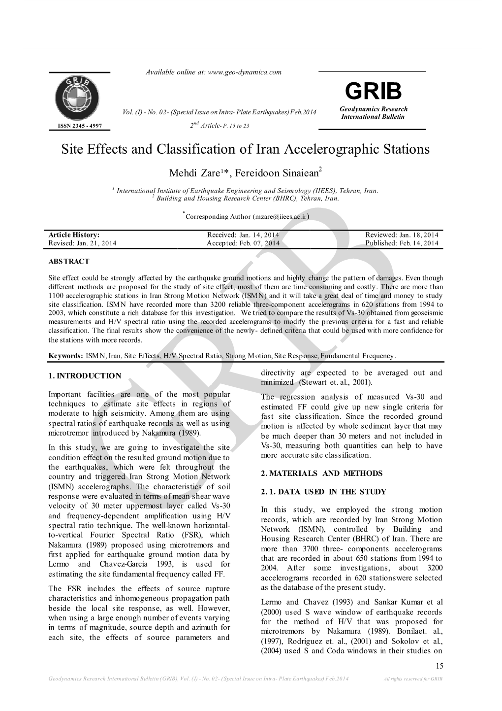 Site Effects and Classification of Iran Accelerographic Stations