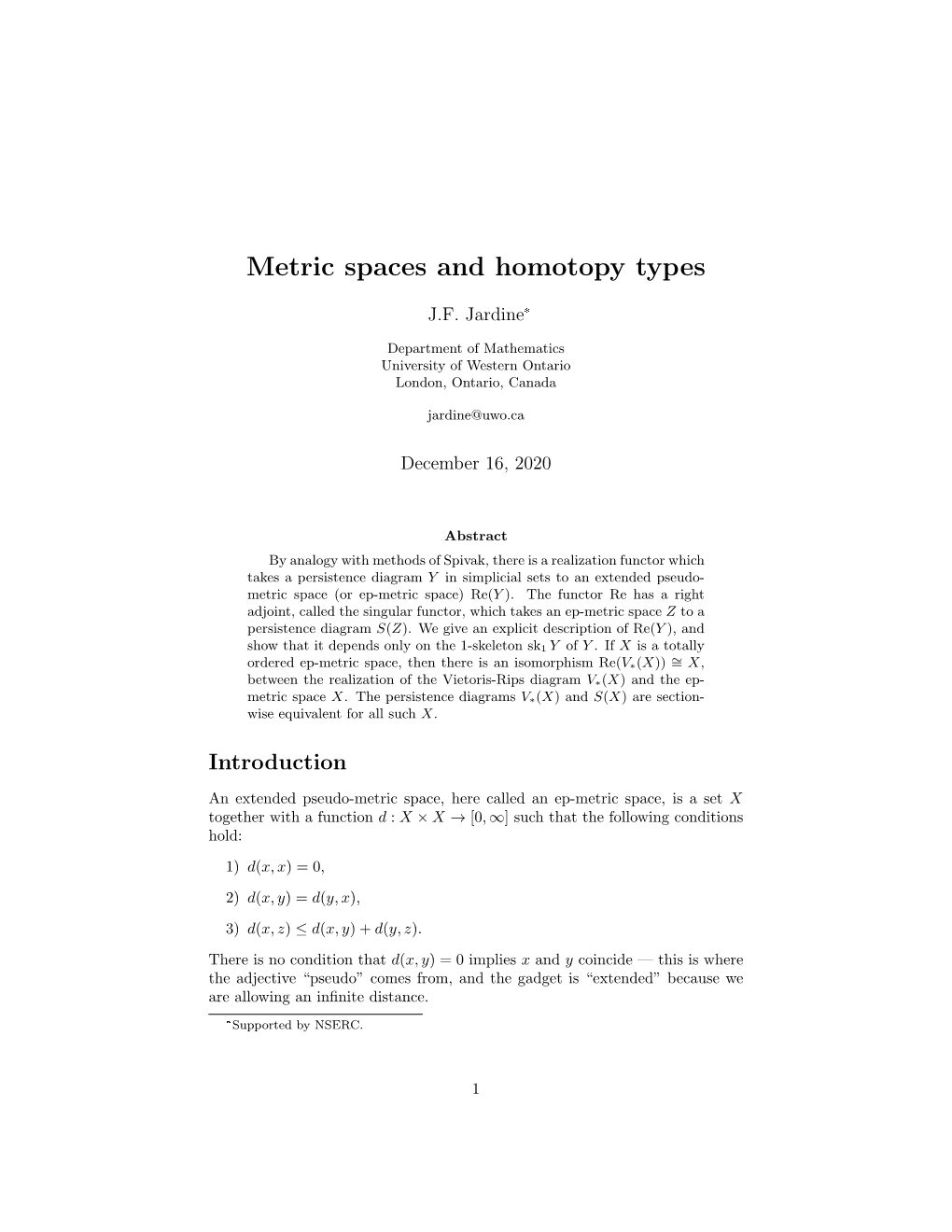 Metric Spaces and Homotopy Types