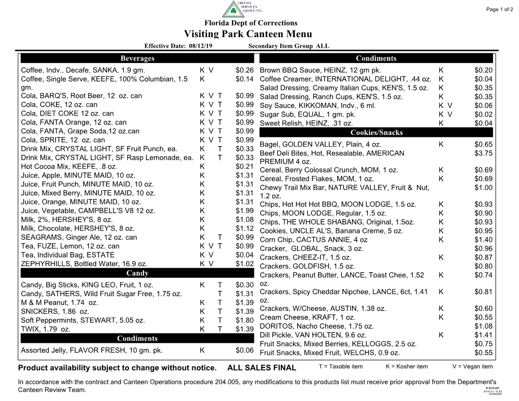 Visiting Park Canteen Menu Effective Date: 08/12/19 Secondary Item Group ALL Beverages Condiments Coffee, Indv., Decafe, SANKA, 1.9 Gm