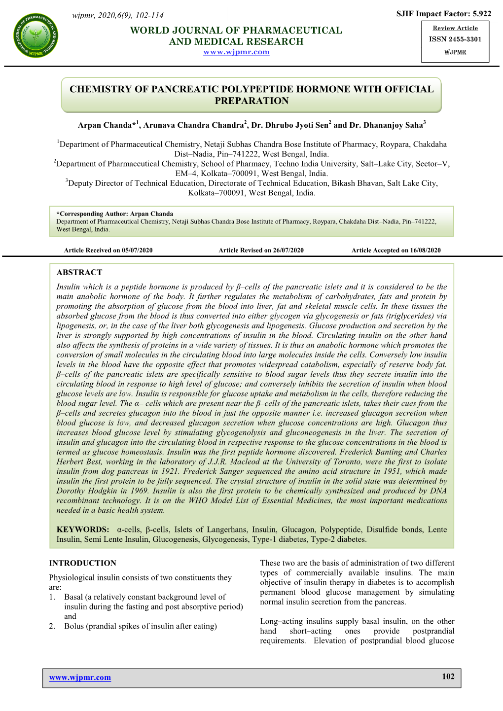 Chemistry of Pancreatic Polypeptide Hormone with Official Preparation