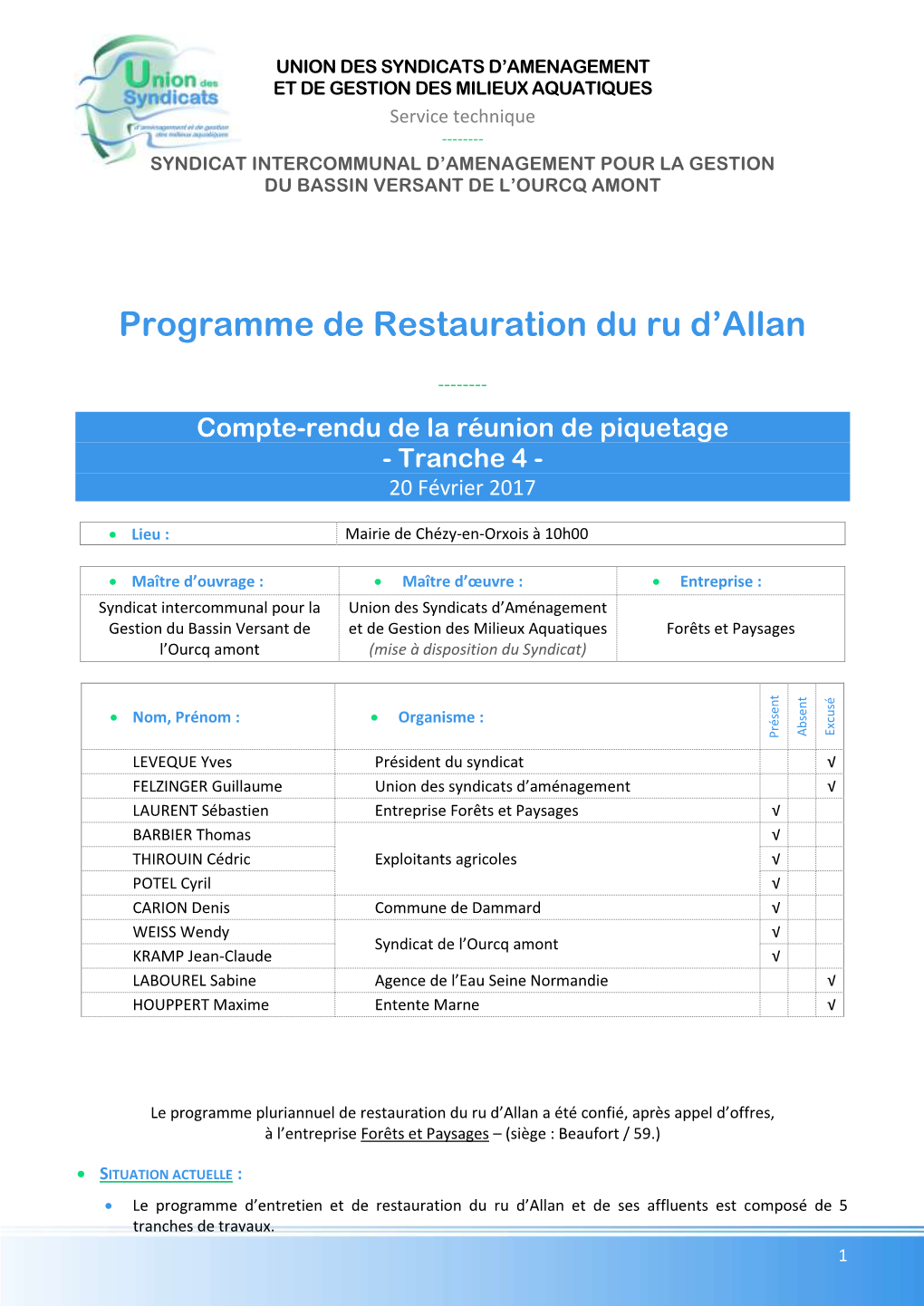Programme De Restauration Du Ru D'allan
