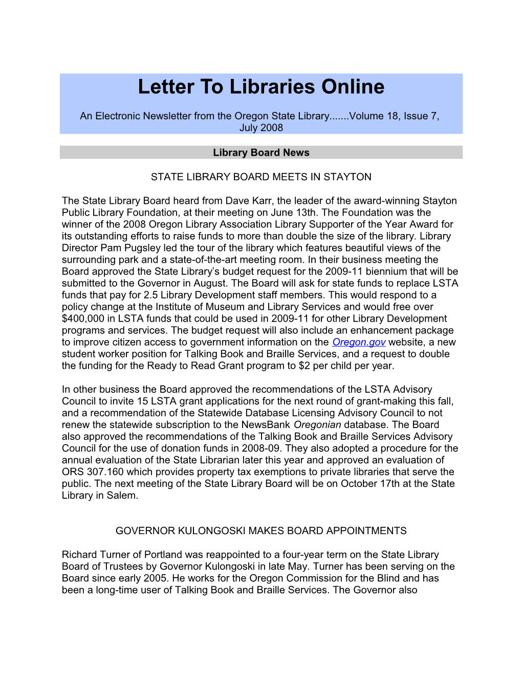 Letter to Libraries Online