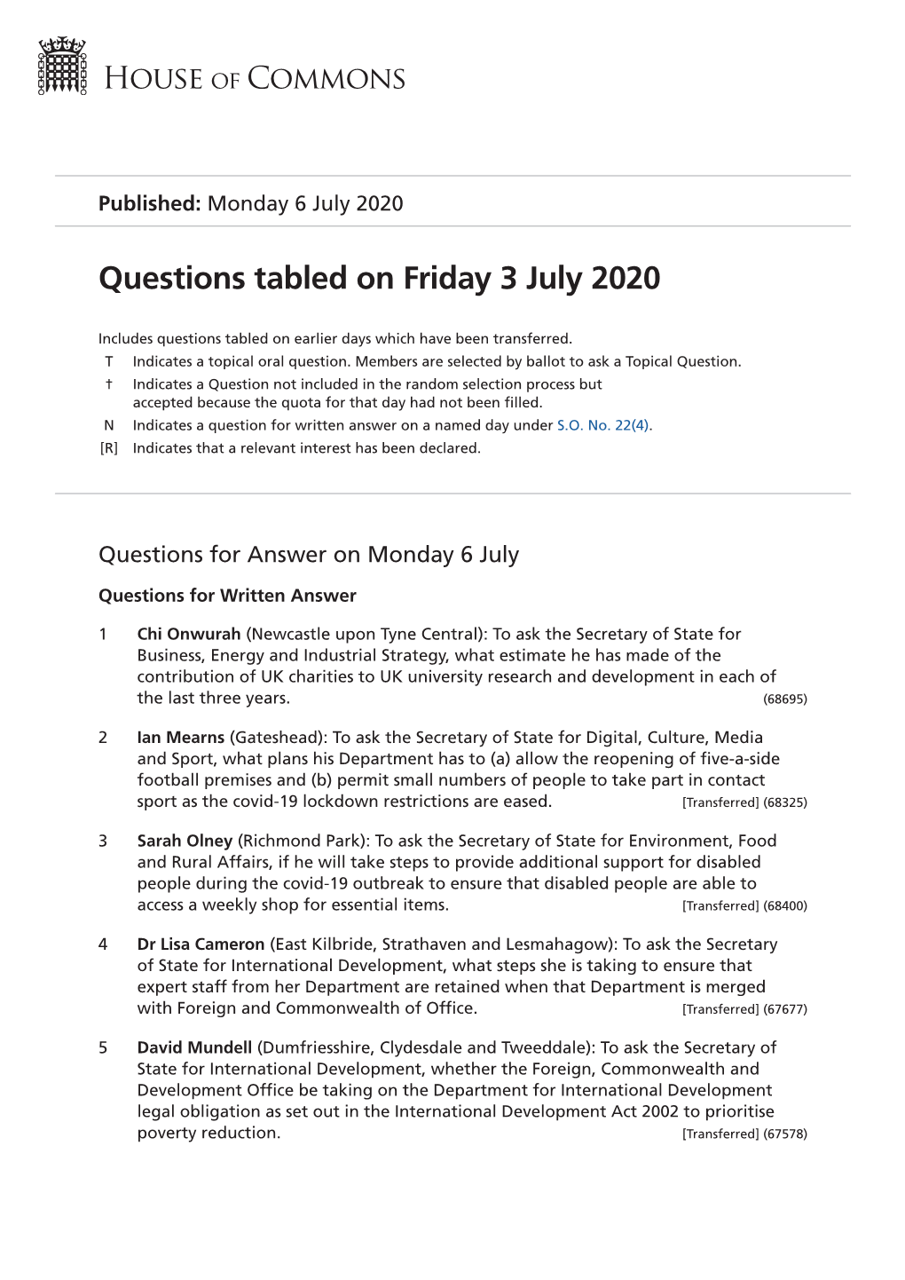 Questions Tabled on Fri 3 Jul 2020