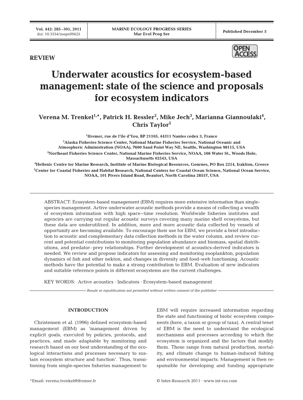 Underwater Acoustics for Ecosystem-Based Management: State of the Science and Proposals for Ecosystem Indicators