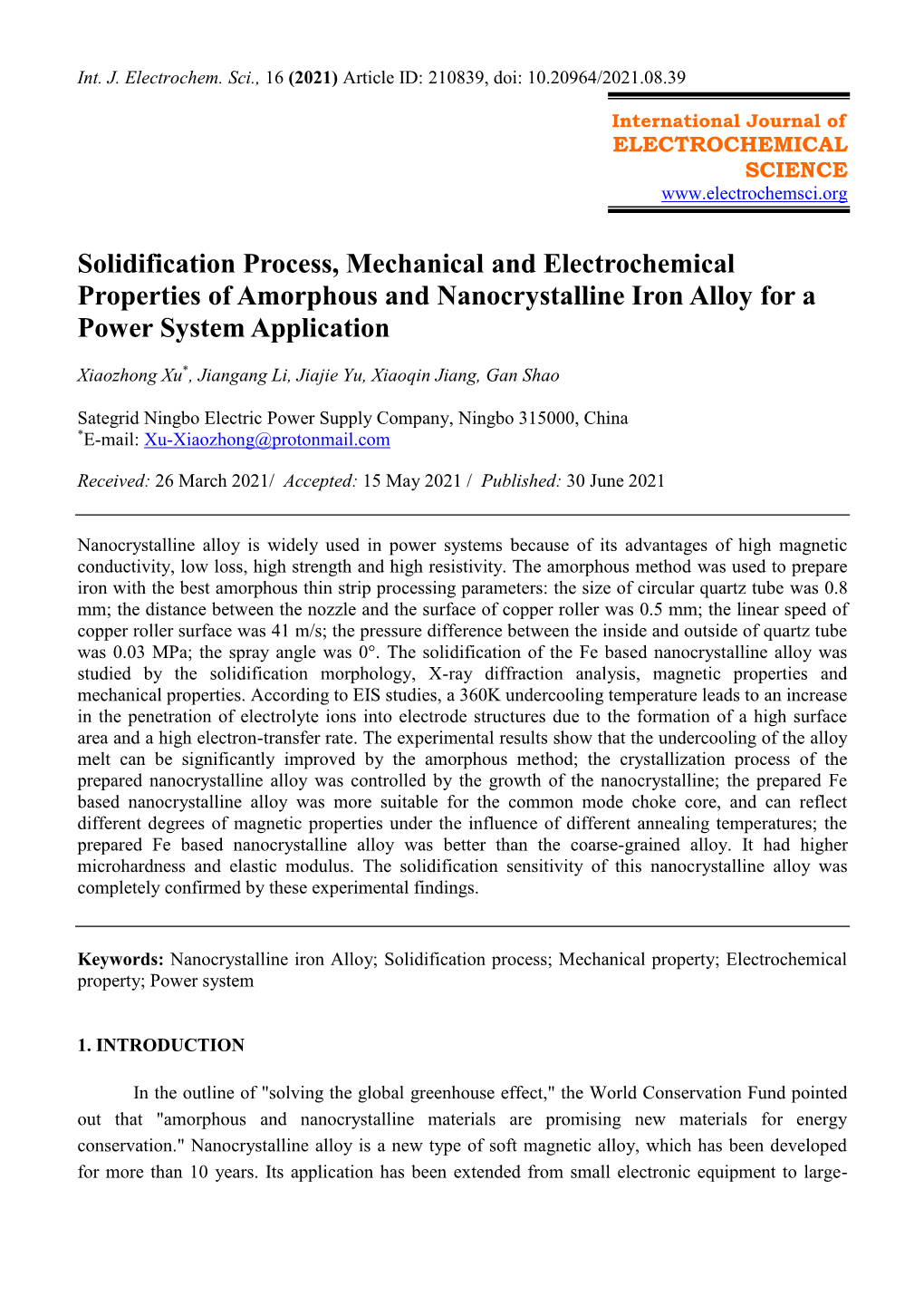 Solidification Process, Mechanical and Electrochemical Properties of Amorphous and Nanocrystalline Iron Alloy for a Power System Application