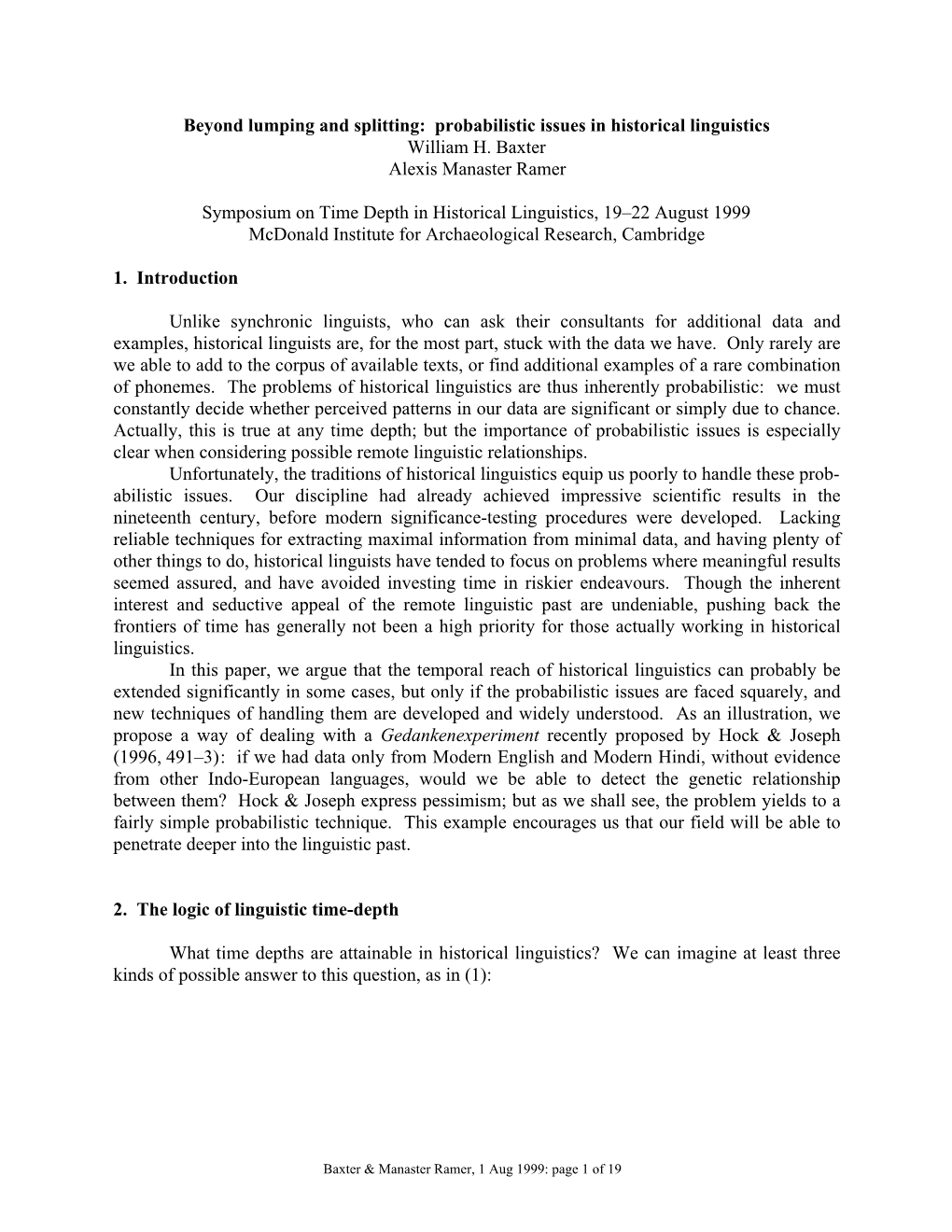 Beyond Lumping and Splitting: Probabilistic Issues in Historical Linguistics William H