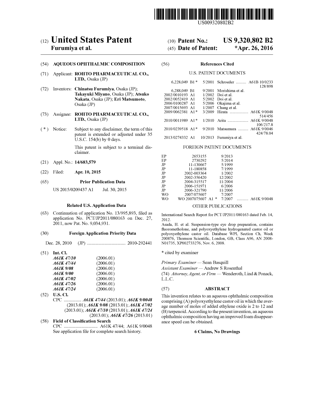 (12) United States Patent (10) Patent No.: US 9,320,802 B2 Furumiya Et Al