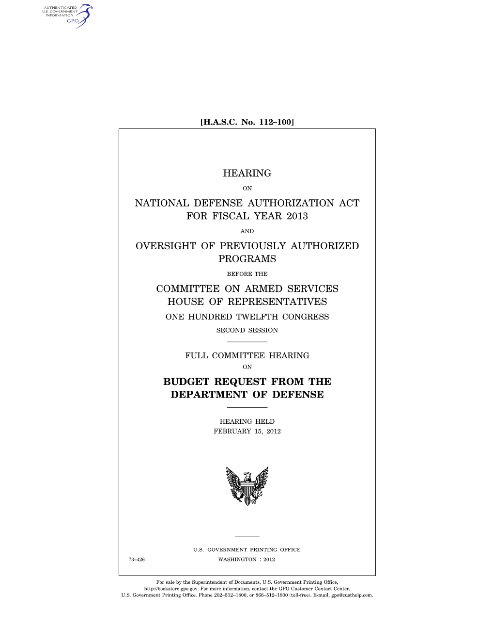 Hearing National Defense Authorization Act For