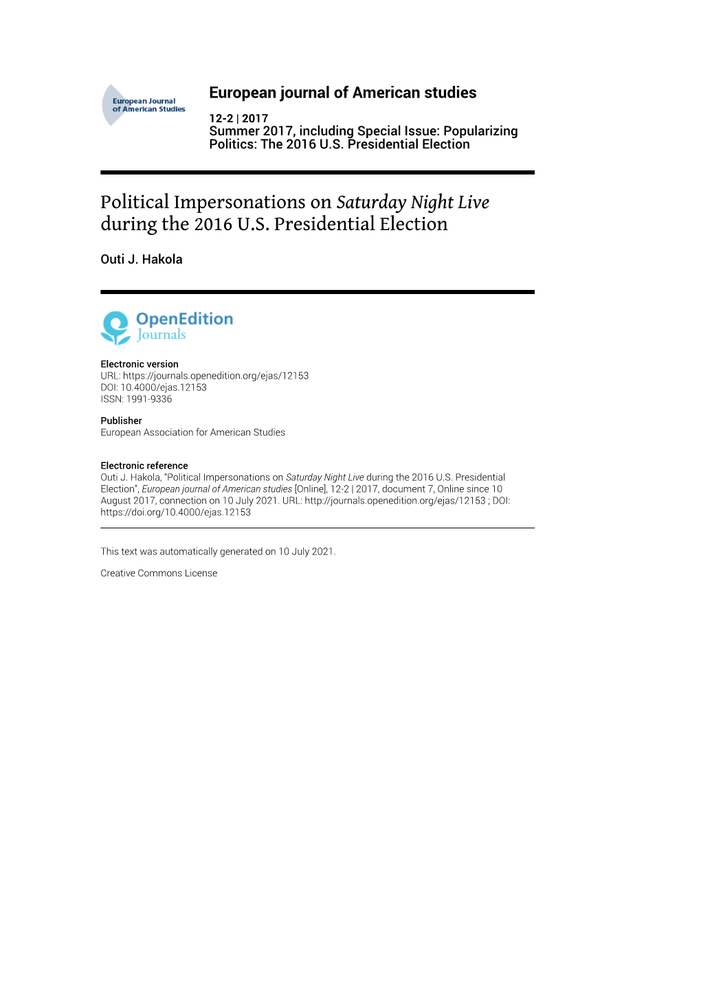 European Journal of American Studies, 12-2 | 2017 Political Impersonations on Saturday Night Live During the 2016 U.S