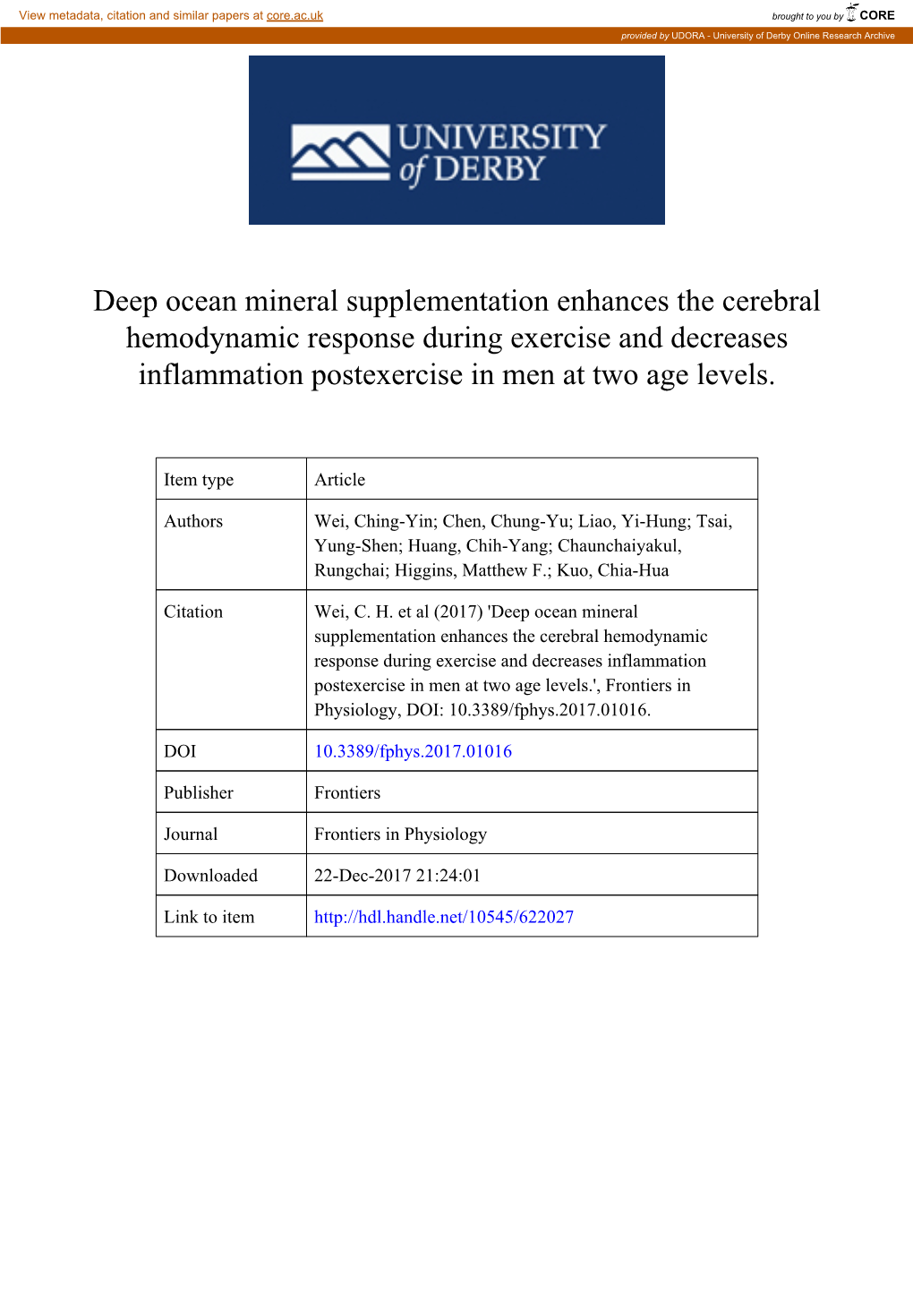 Deep Ocean Mineral Supplementation Enhances the Cerebral Hemodynamic Response During Exercise and Decreases Inflammation Postexercise in Men at Two Age Levels