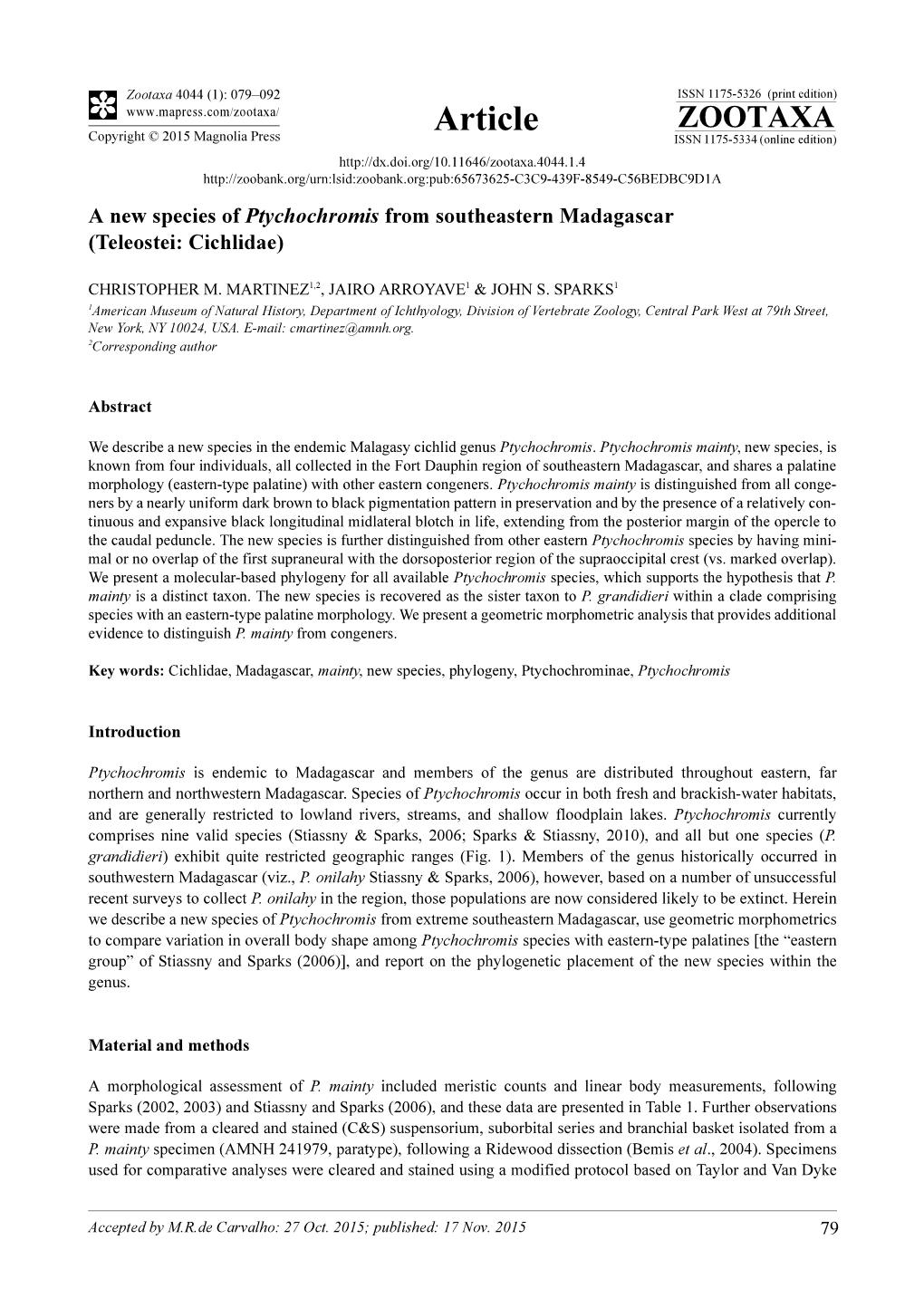 A New Species of Ptychochromis from Southeastern Madagascar (Teleostei: Cichlidae)