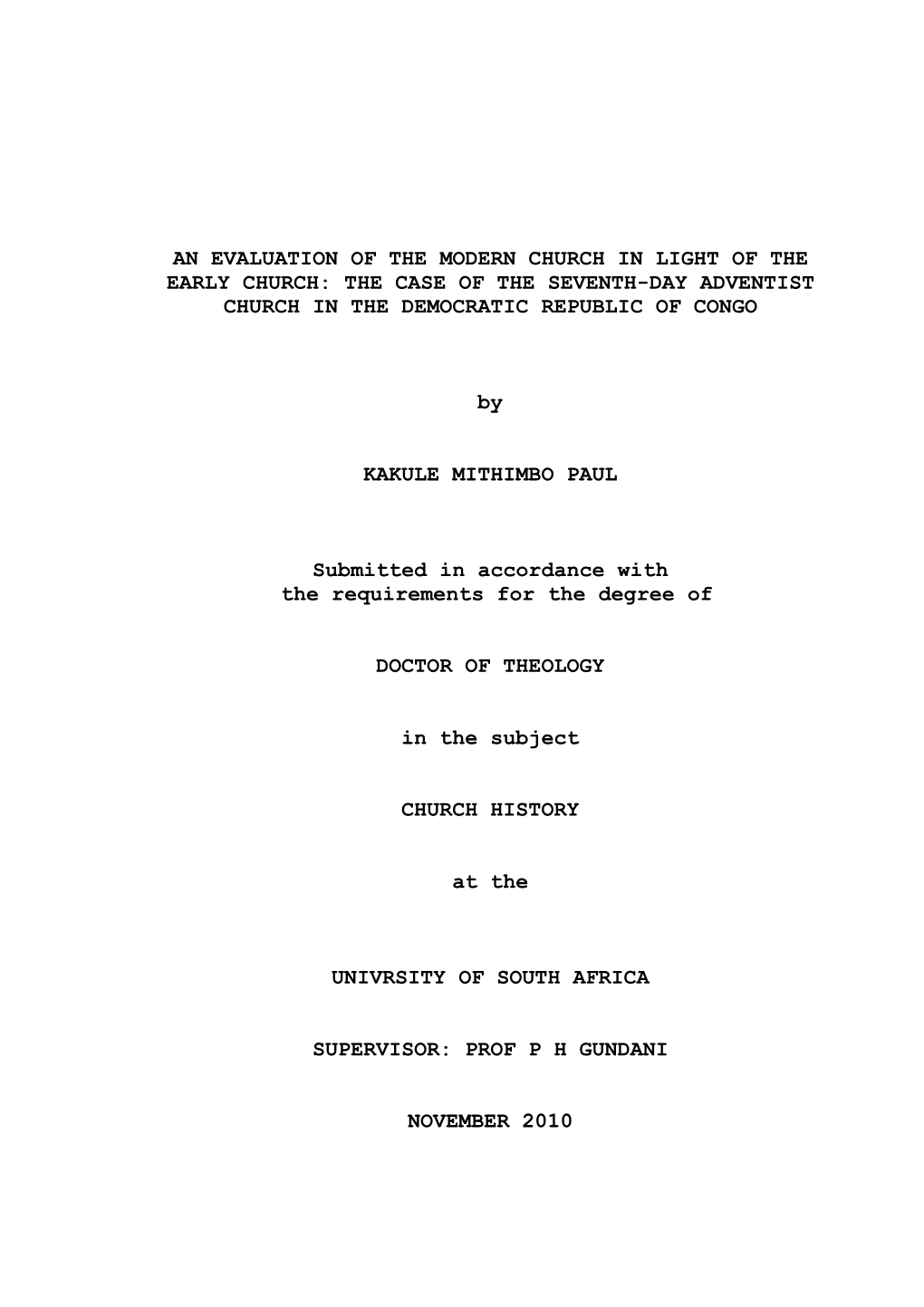 An Evaluation of the Modern Church in Light of the Early Church: the Case of the Seventh-Day Adventist Church in the Democratic Republic of Congo