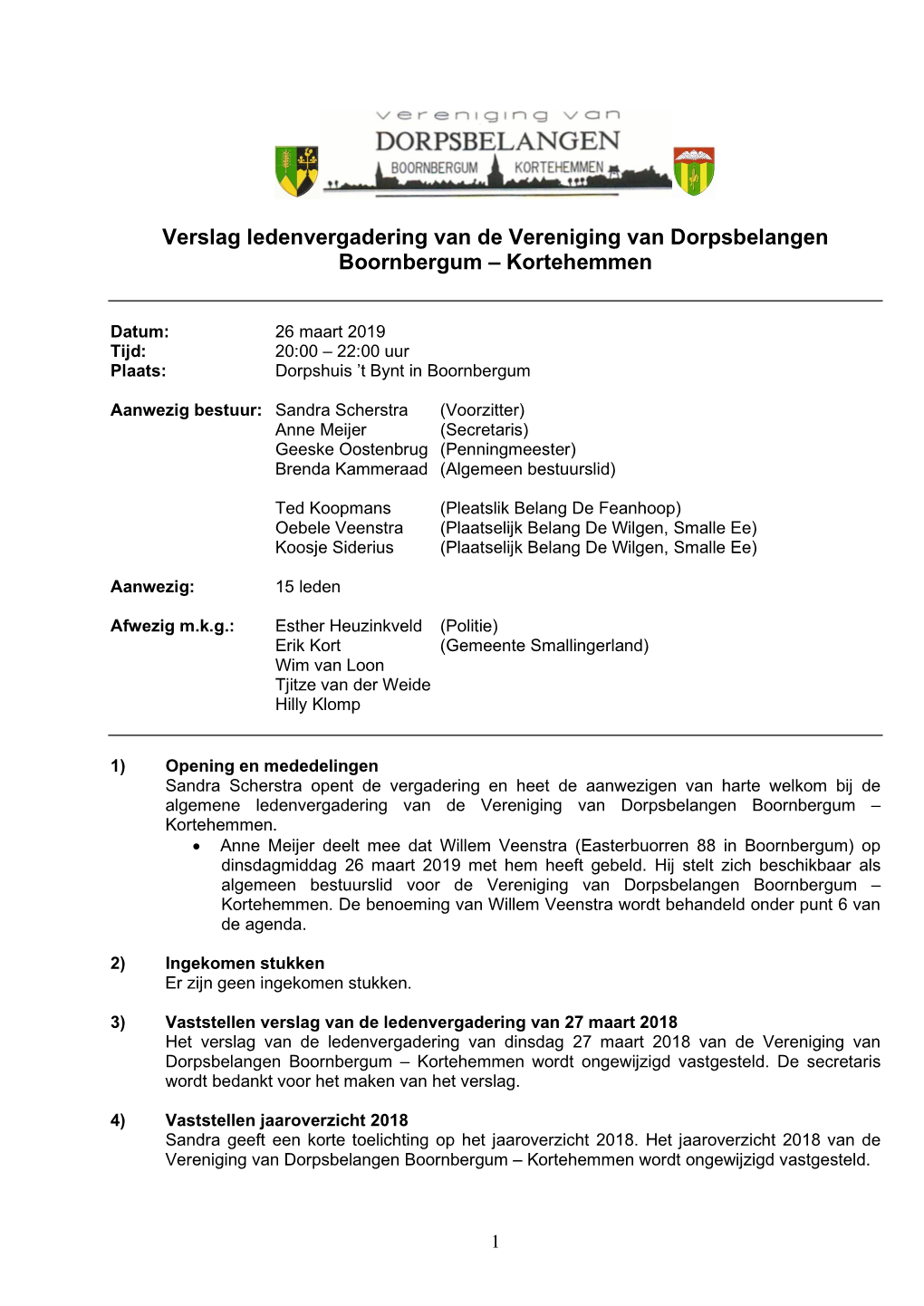 Verslag Ledenvergadering Van De Vereniging Van Dorpsbelangen Boornbergum – Kortehemmen