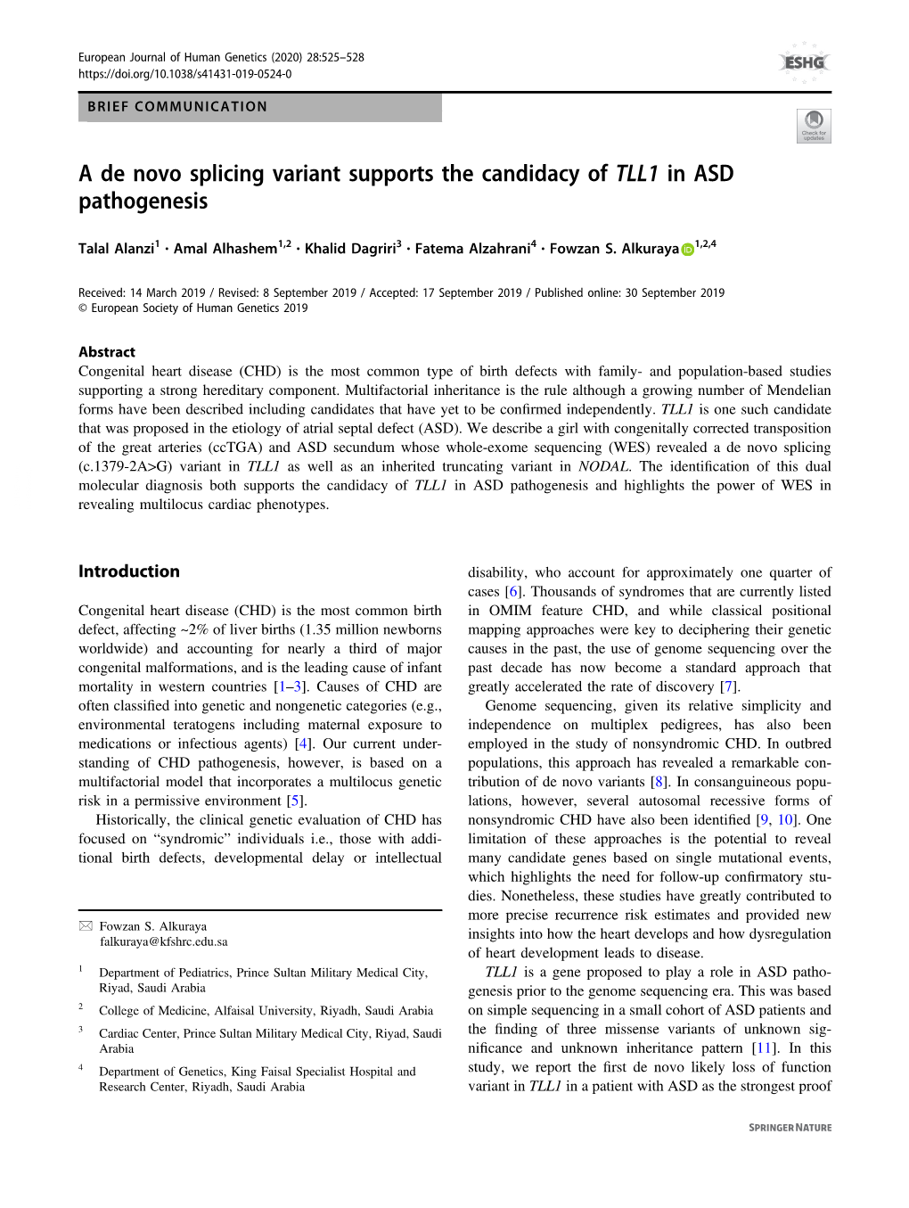 A De Novo Splicing Variant Supports the Candidacy of TLL1 in ASD Pathogenesis