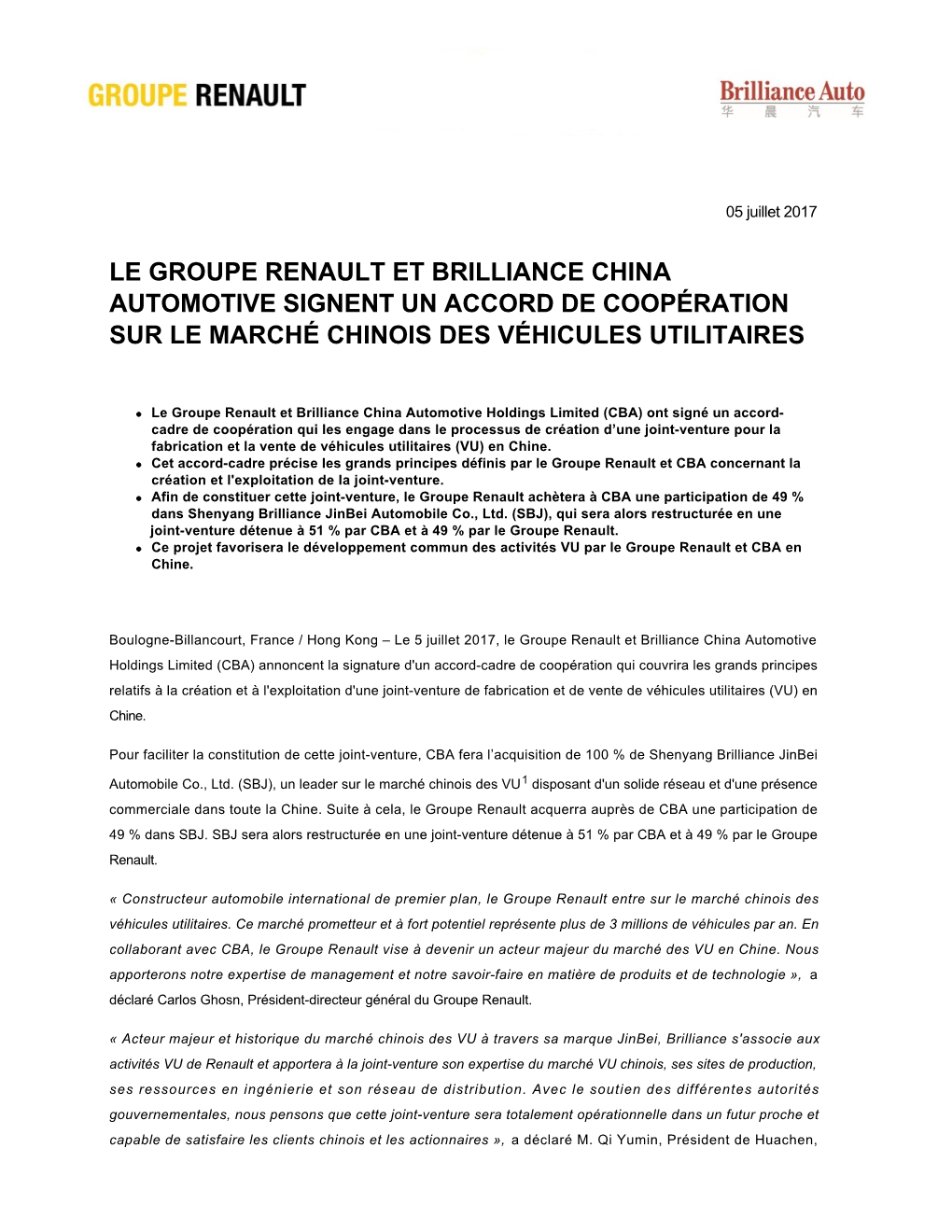 Le Groupe Renault Et Brilliance China Automotive Signent Un Accord De Coopération Sur Le Marché Chinois Des Véhicules Utilitaires