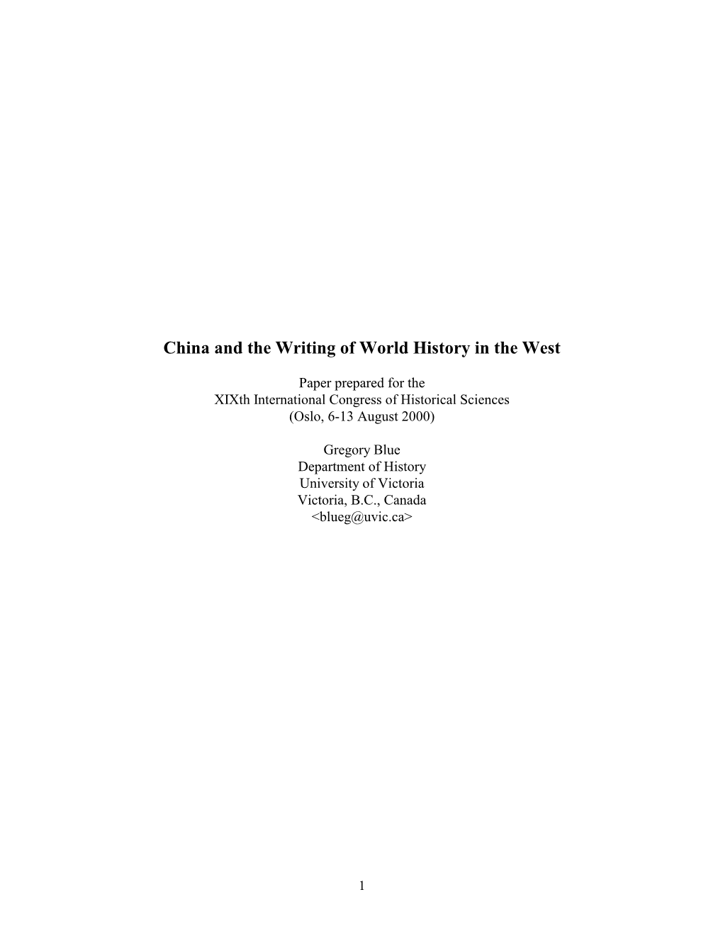 China and the Writing of World History in the West