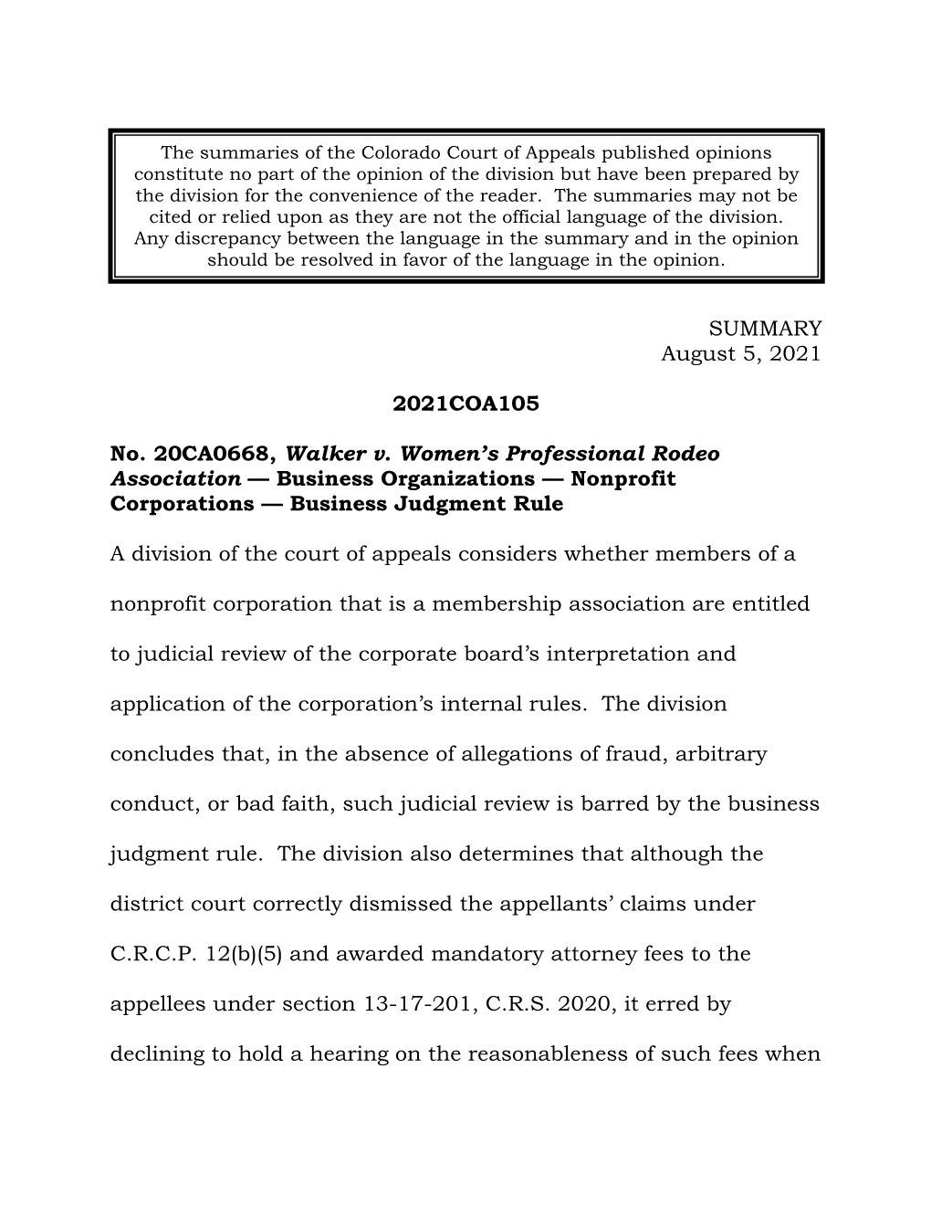 SUMMARY August 5, 2021 2021COA105 No. 20CA0668, Walker V. Women's Professional Rodeo Association