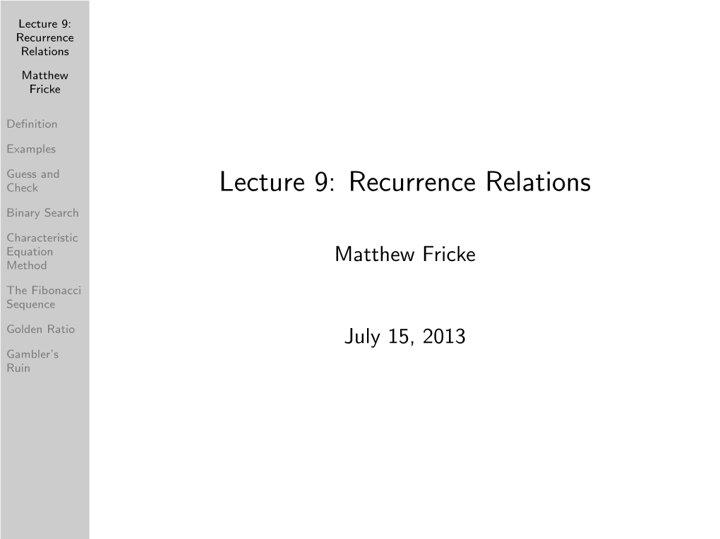 Lecture 9: Recurrence Relations