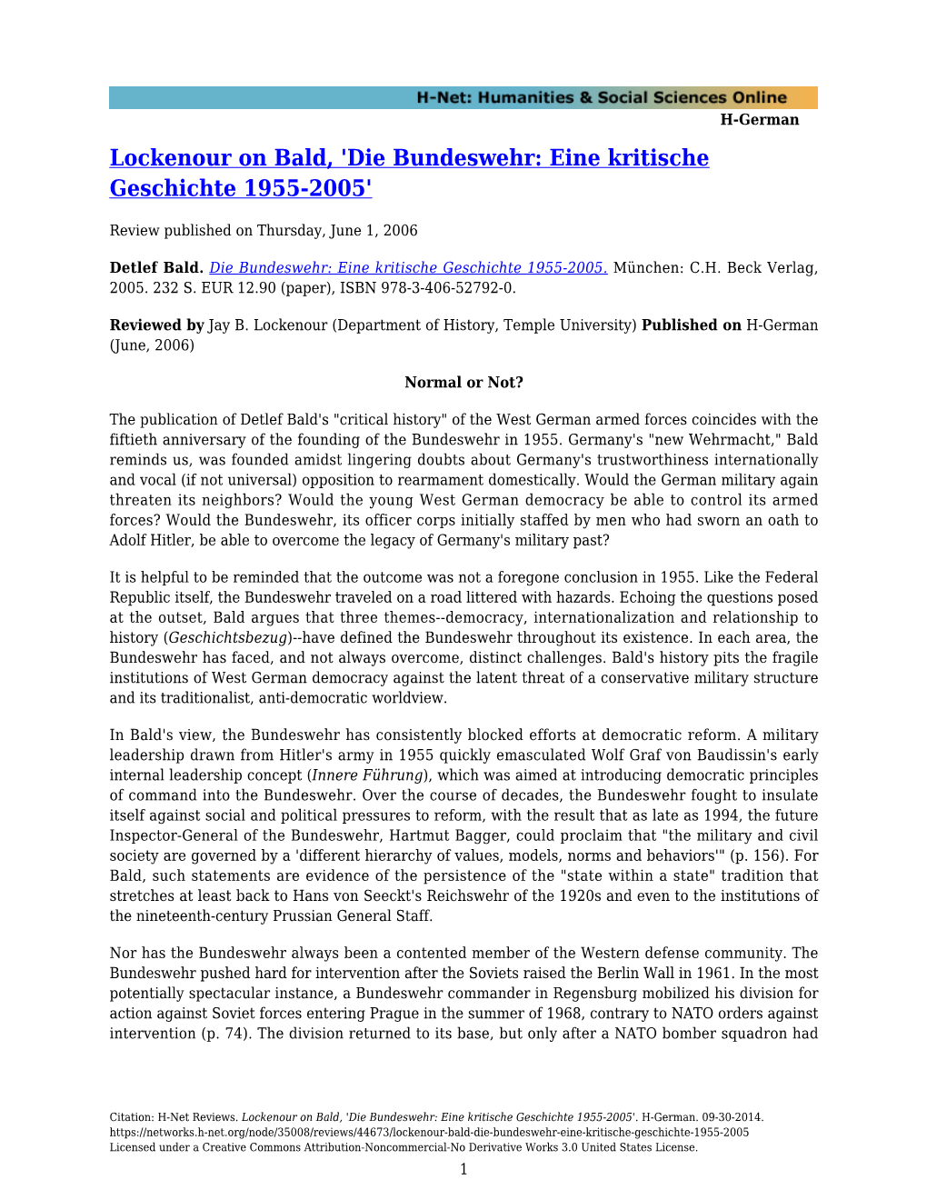 Lockenour on Bald, 'Die Bundeswehr: Eine Kritische Geschichte 1955-2005'