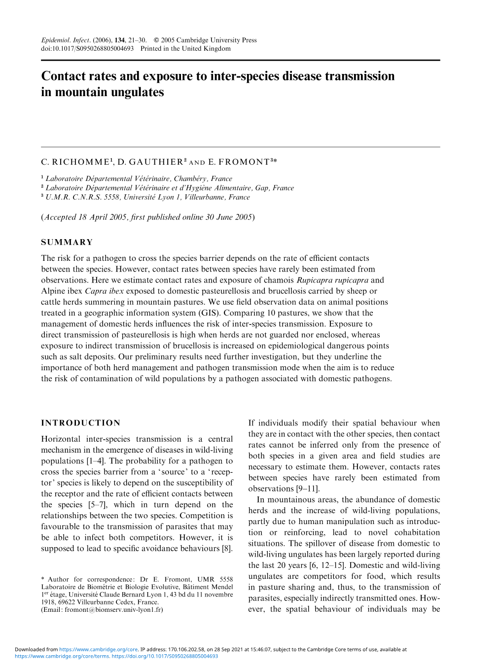 Contact Rates and Exposure to Inter-Species Disease Transmission in Mountain Ungulates