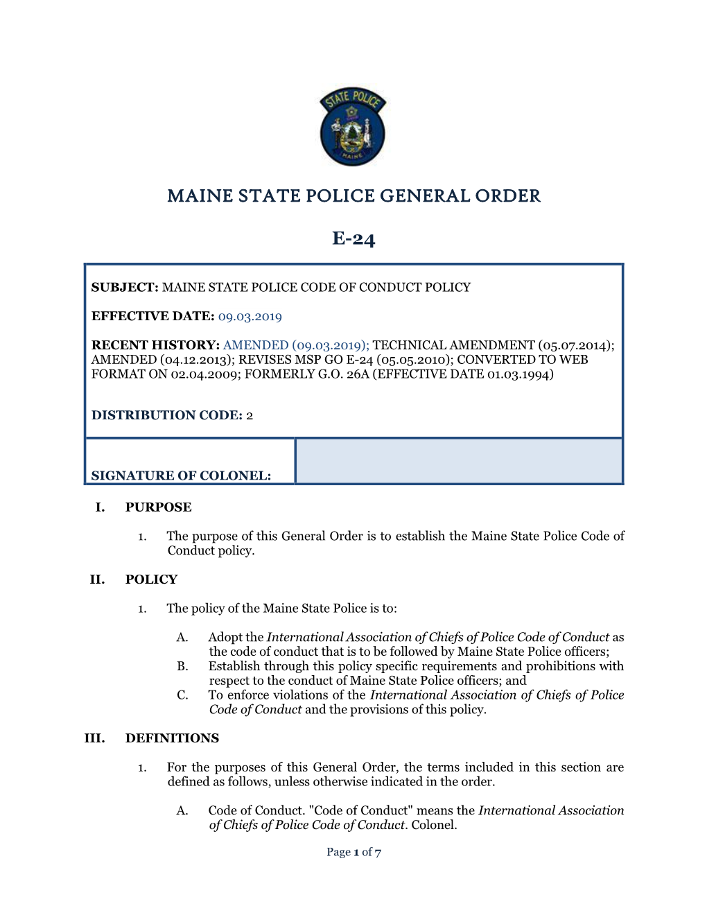 Maine State Police General Order E-24