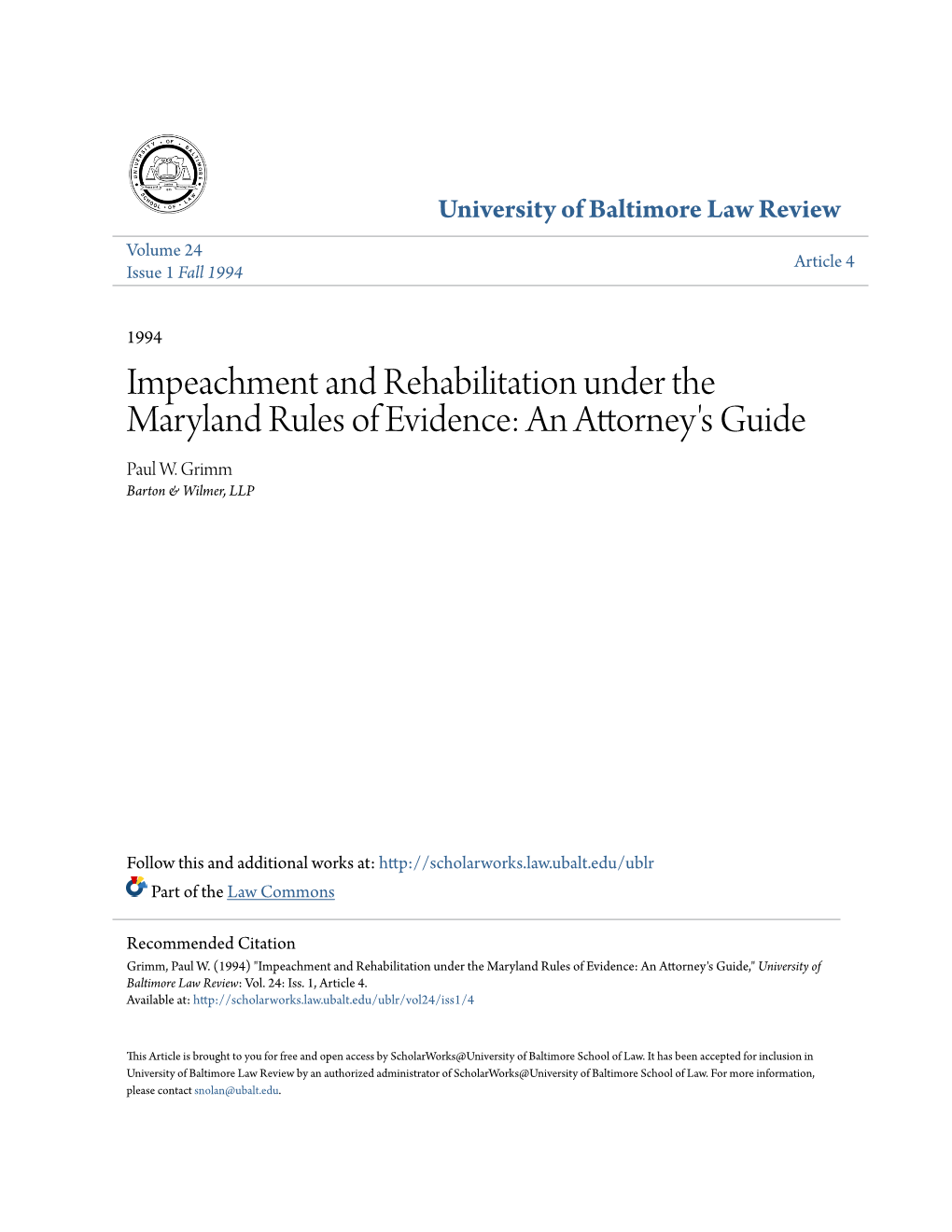 Impeachment and Rehabilitation Under the Maryland Rules of Evidence: an Attorney's Guide Paul W