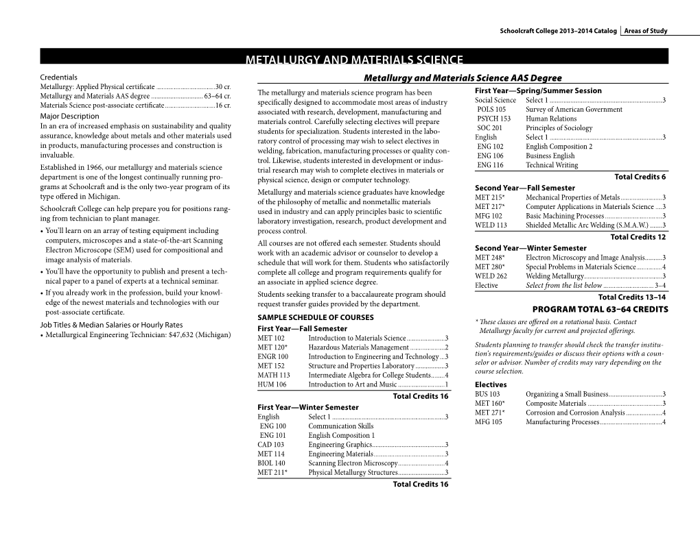 METALLURGY and Materials Science Credentials Metallurgy and Materials Science AAS Degree Metallurgy: Applied Physical Certificate