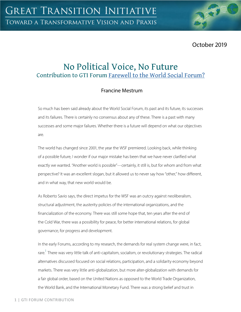 No Political Voice, No Future Contribution to GTI Forum Farewell to the World Social Forum?