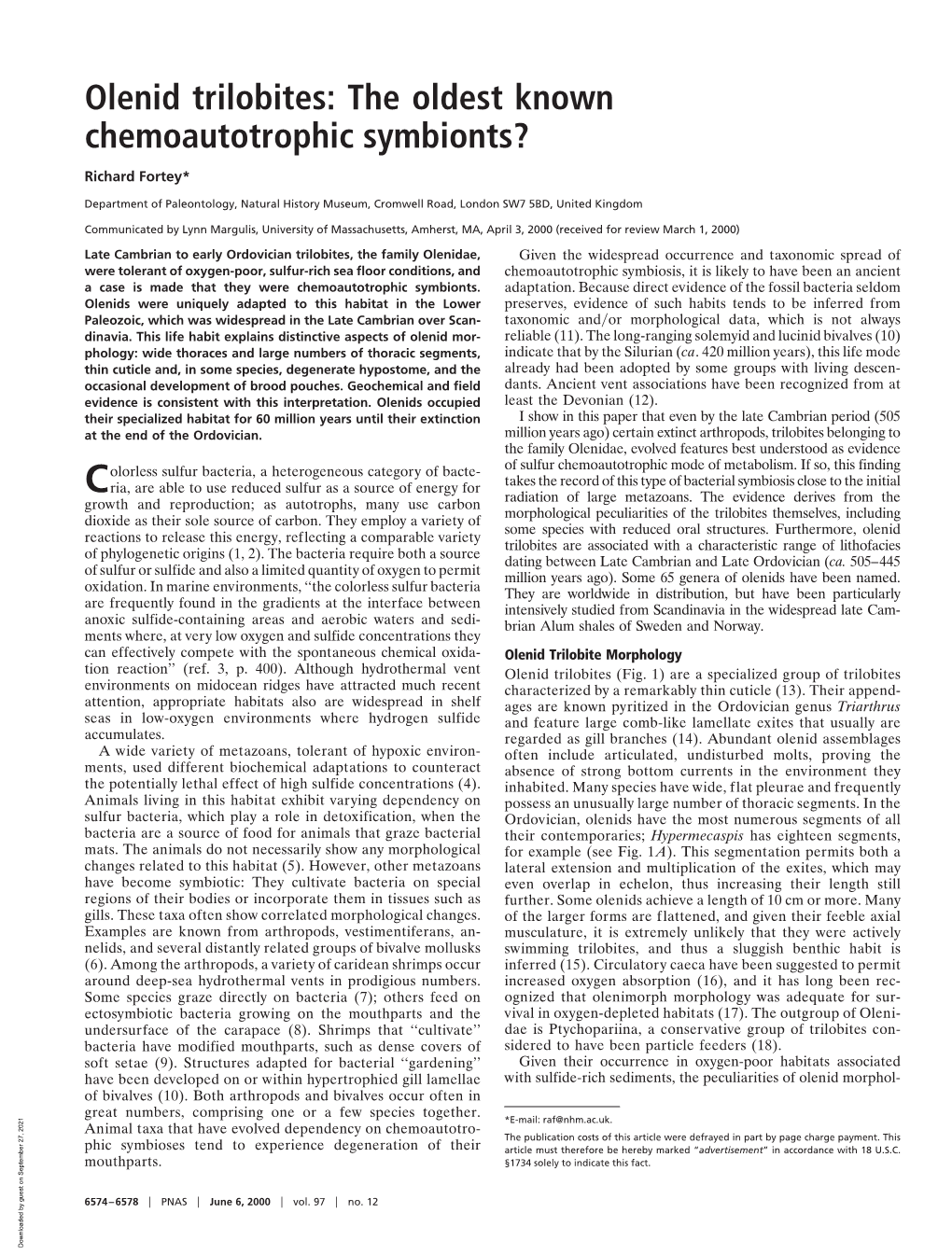 Olenid Trilobites: the Oldest Known Chemoautotrophic Symbionts?