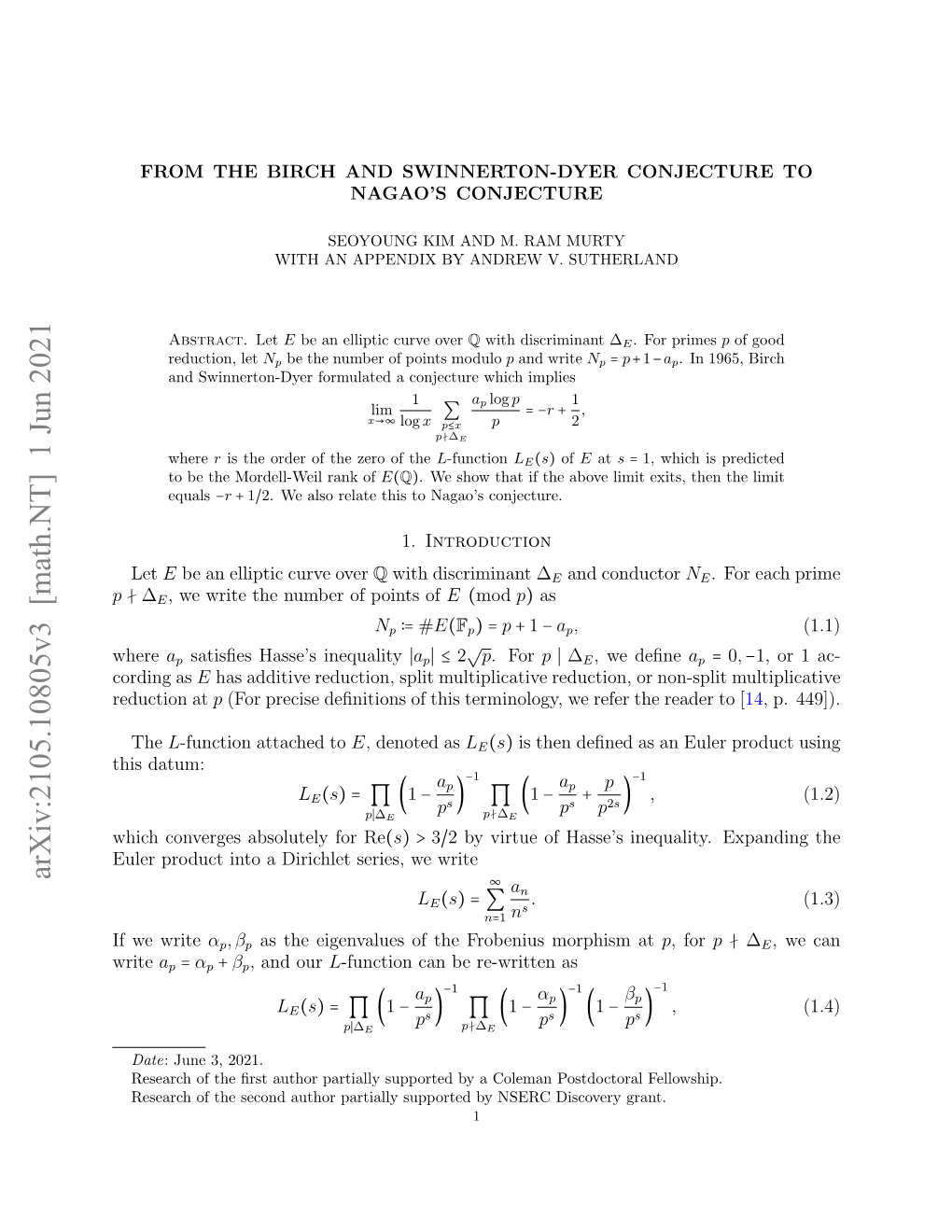 Arxiv:2105.10805V3 [Math.NT] 1 Jun 2021 ( ) > ~ an LE S