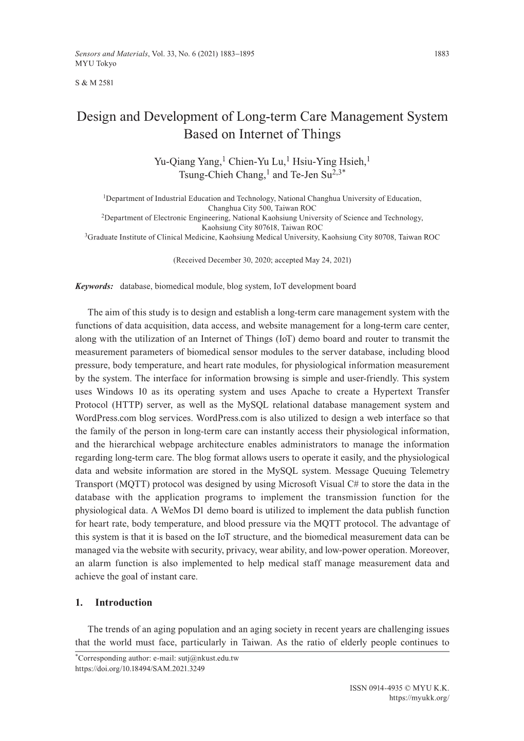 Design and Development of Long-Term Care Management System Based on Internet of Things