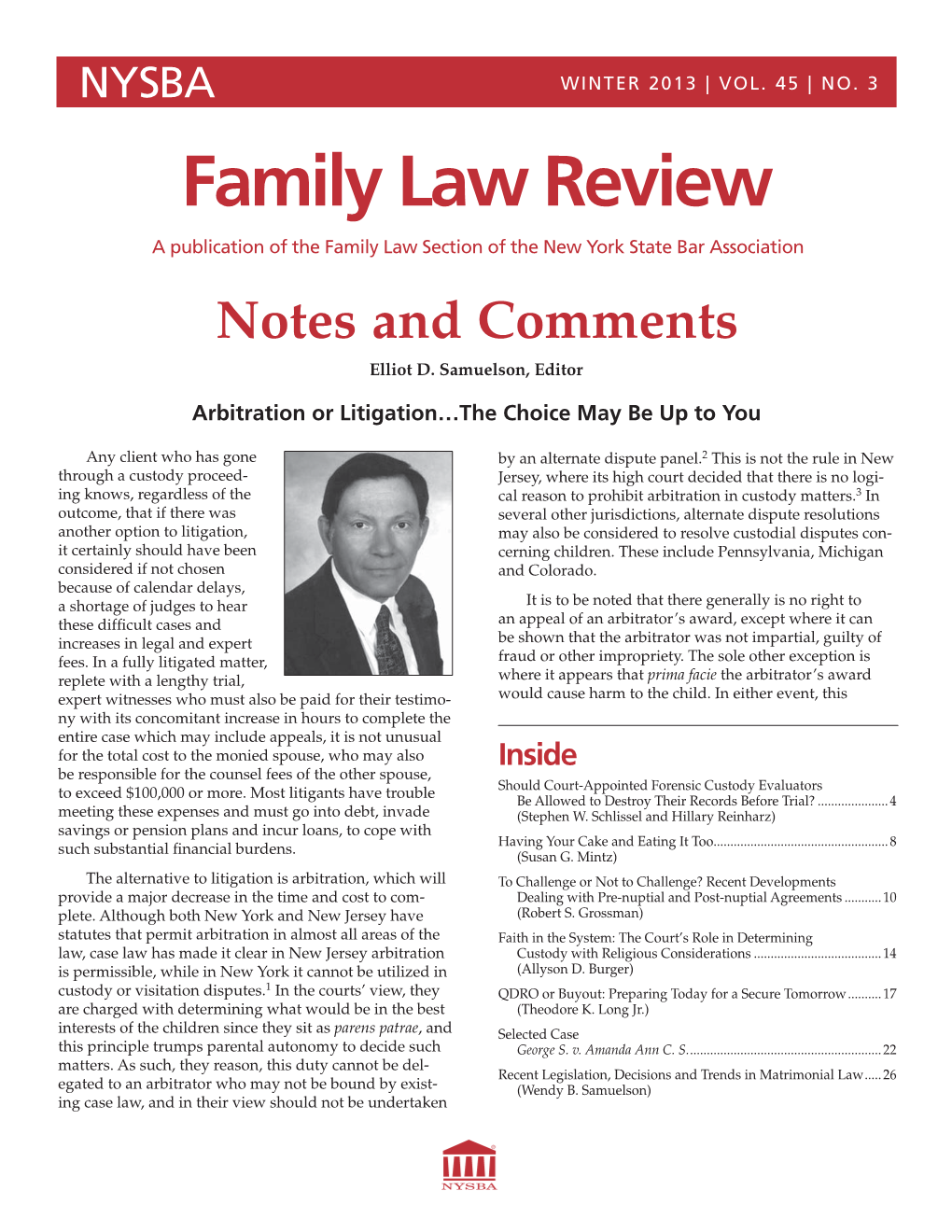 Family Law Review a Publication of the Family Law Section of the New York State Bar Association Notes and Comments Elliot D