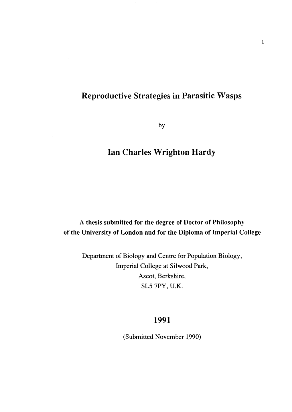 Reproductive Strategies in Parasitic Wasps Ian Charles Wrighton Hardy