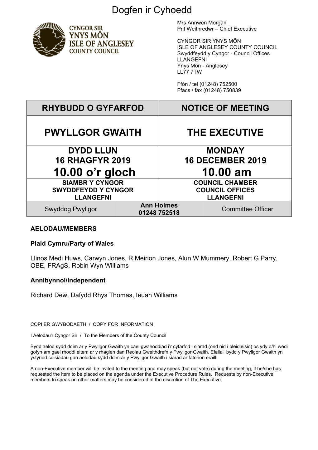 Rhaglen Dogfen I/Ar Gyfer Pwyllgor Gwaith, 16/12/2019 10:00