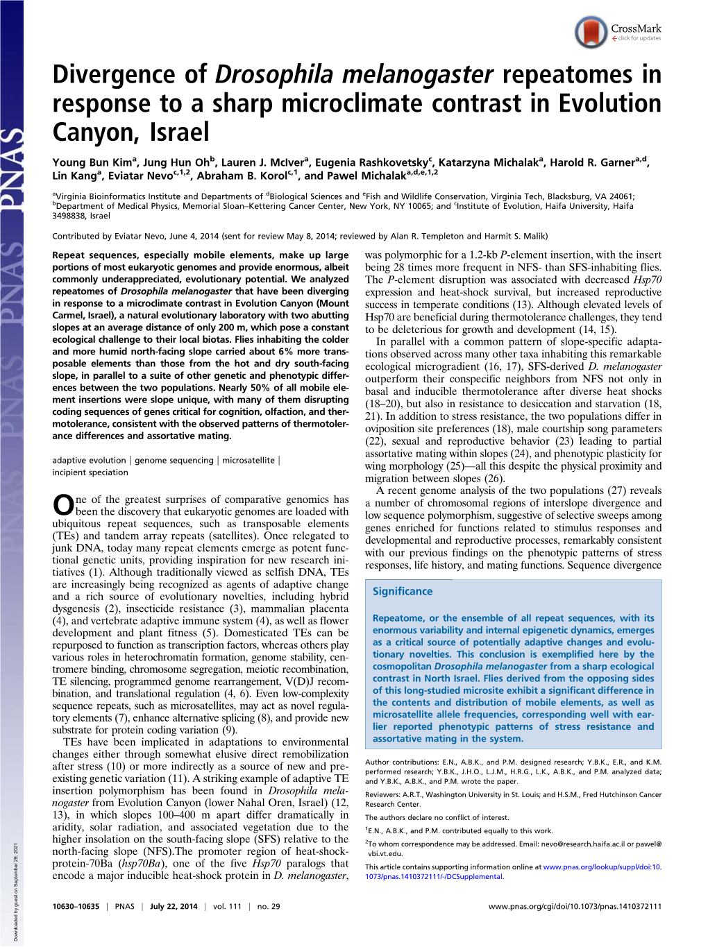 Divergence of Drosophila Melanogaster Repeatomes in Response to a Sharp Microclimate Contrast in Evolution Canyon, Israel