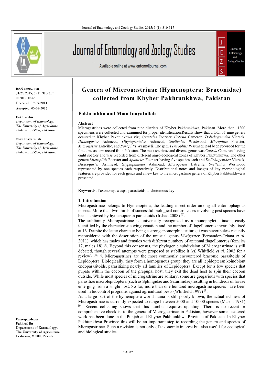 Hymenoptera: Braconidae) JEZS 2015; 3 (1): 310-317 © 2015 JEZS Collected from Khyber Pakhtunkhwa, Pakistan Received: 19-09-2014