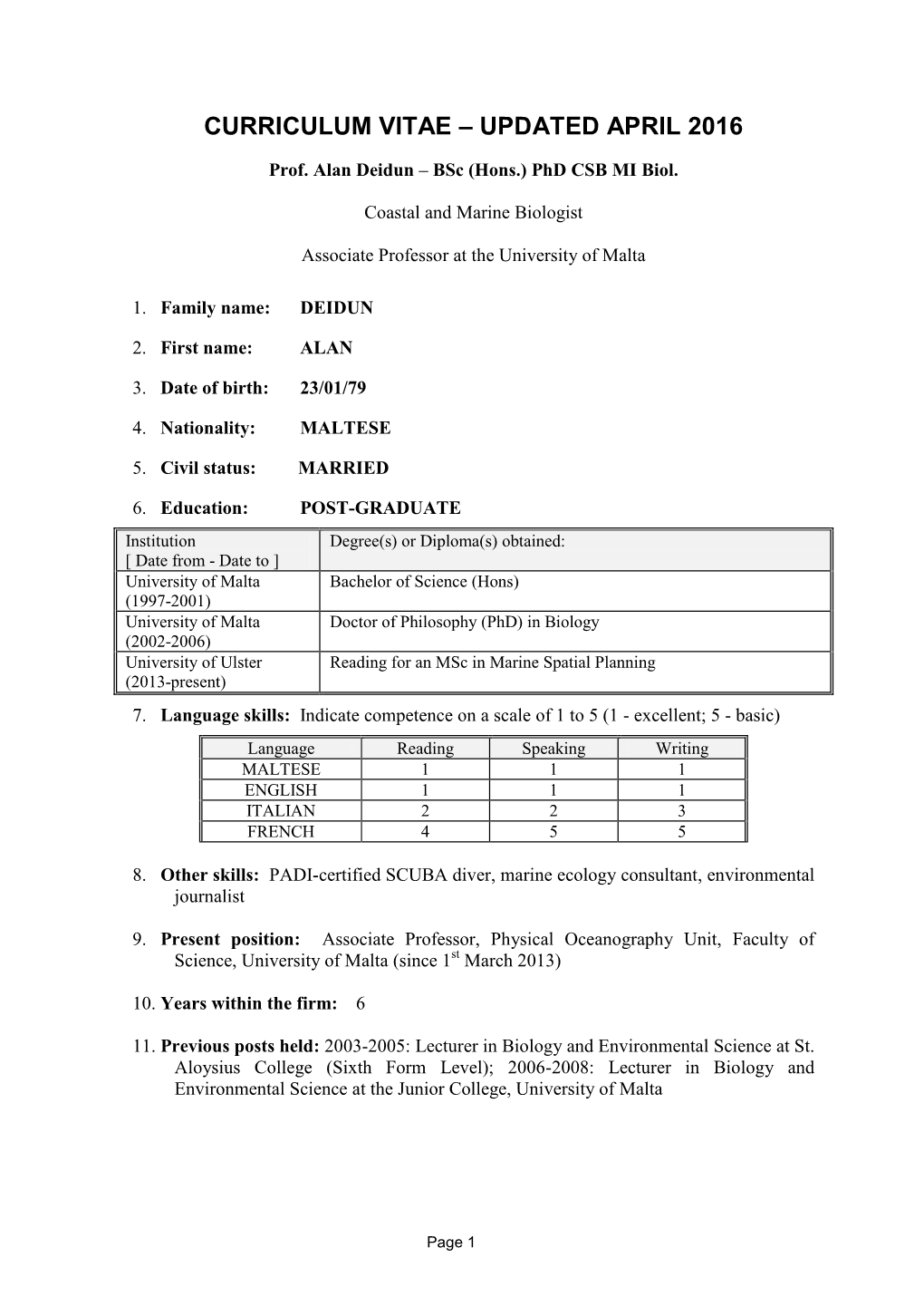 Curriculum Vitae – Updated April 2016