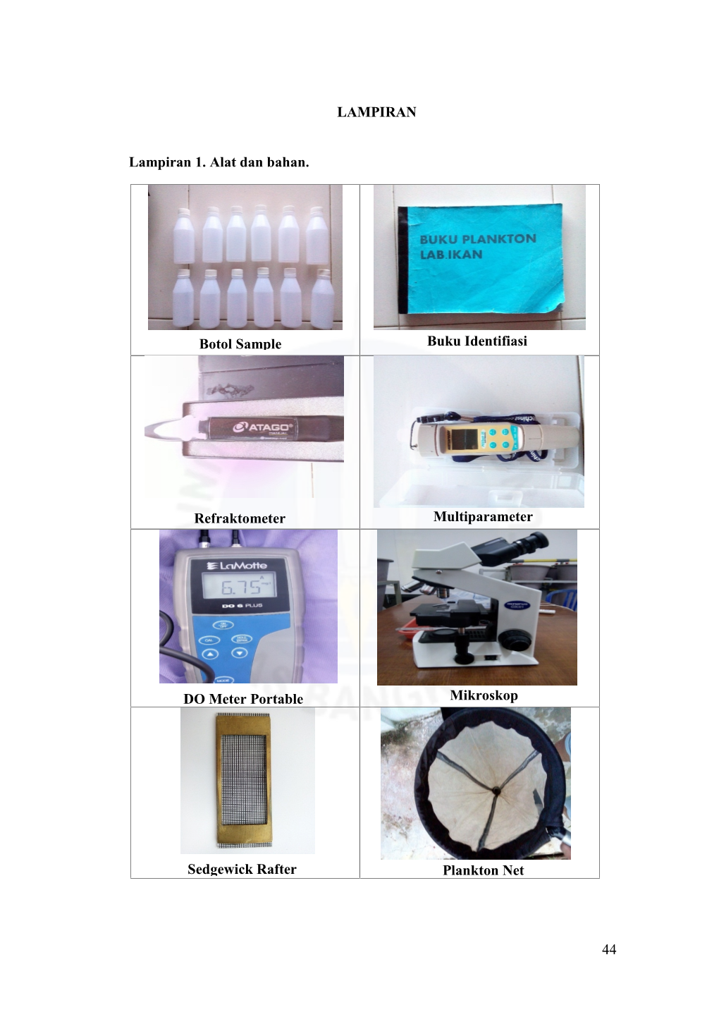 44 LAMPIRAN Lampiran 1. Alat Dan Bahan. Buku Identifiasi Refraktometer Multiparameter DO Meter Portable Sedgewick Rafter Plankto