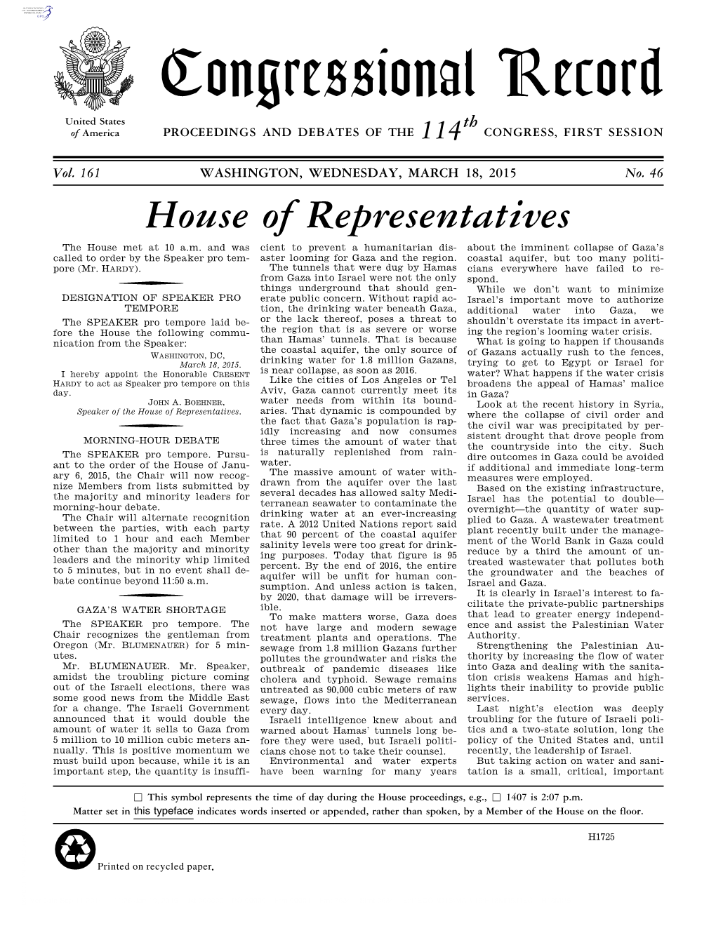 Congressional Record United States Th of America PROCEEDINGS and DEBATES of the 114 CONGRESS, FIRST SESSION