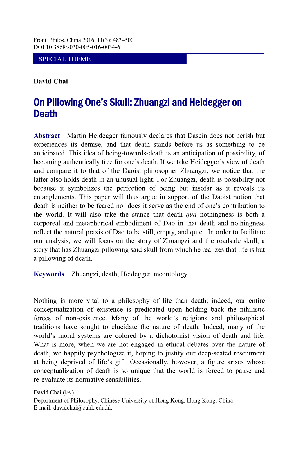 On Pillowing One's Skull: Zhuangzi and Heidegger on Death