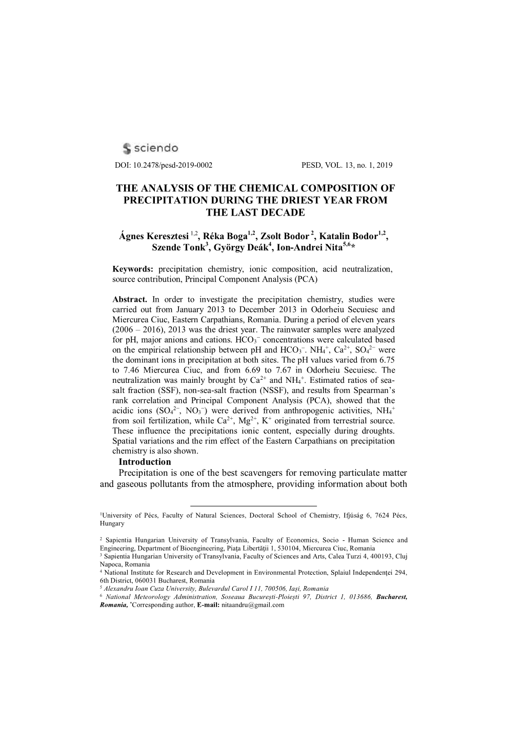 The Analysis of the Chemical Composition of Precipitation During the Driest Year from the Last Decade