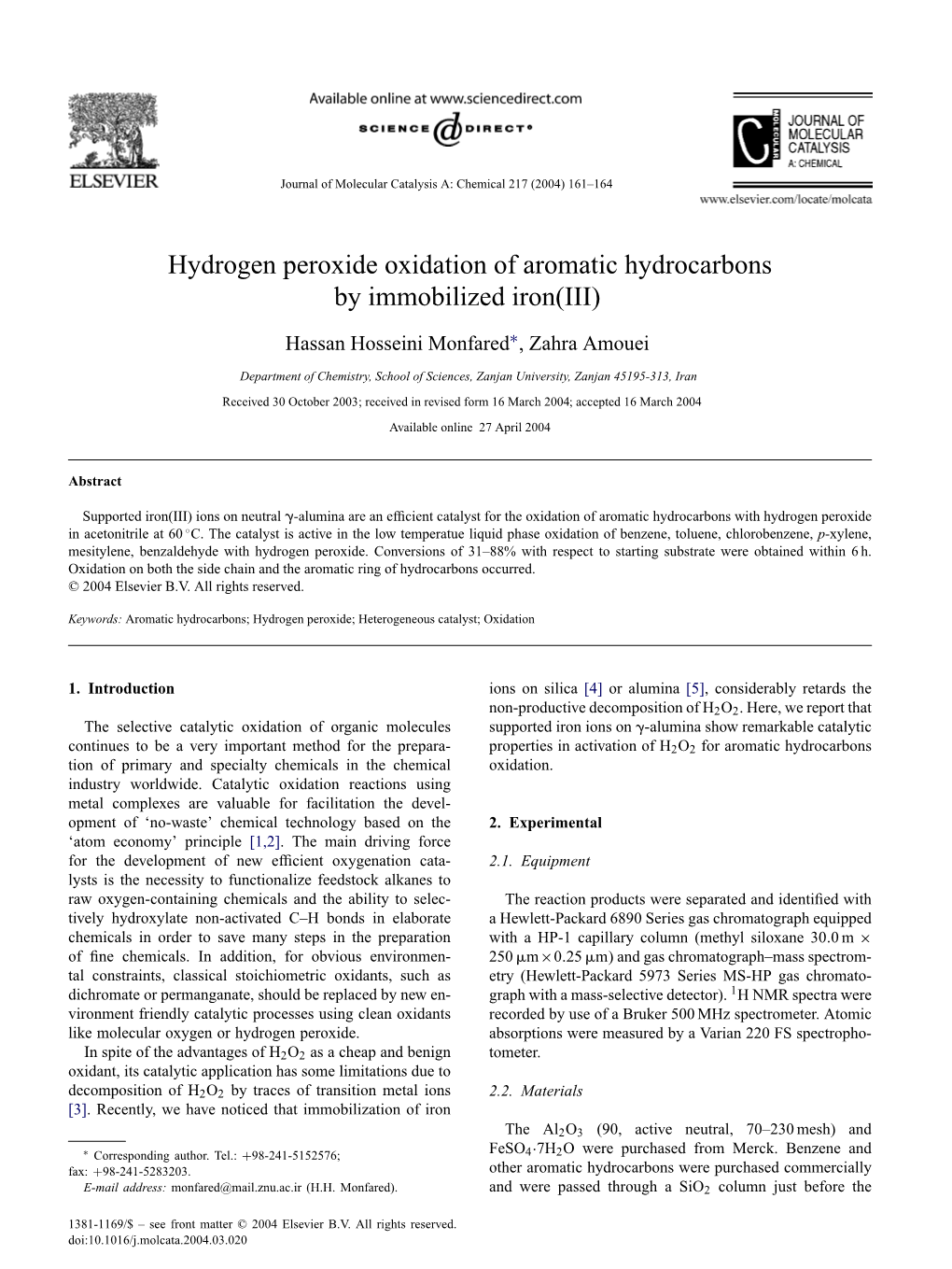 Hydrogen Peroxide Oxidation of Aromatic Hydrocarbons by Immobilized Iron(III)