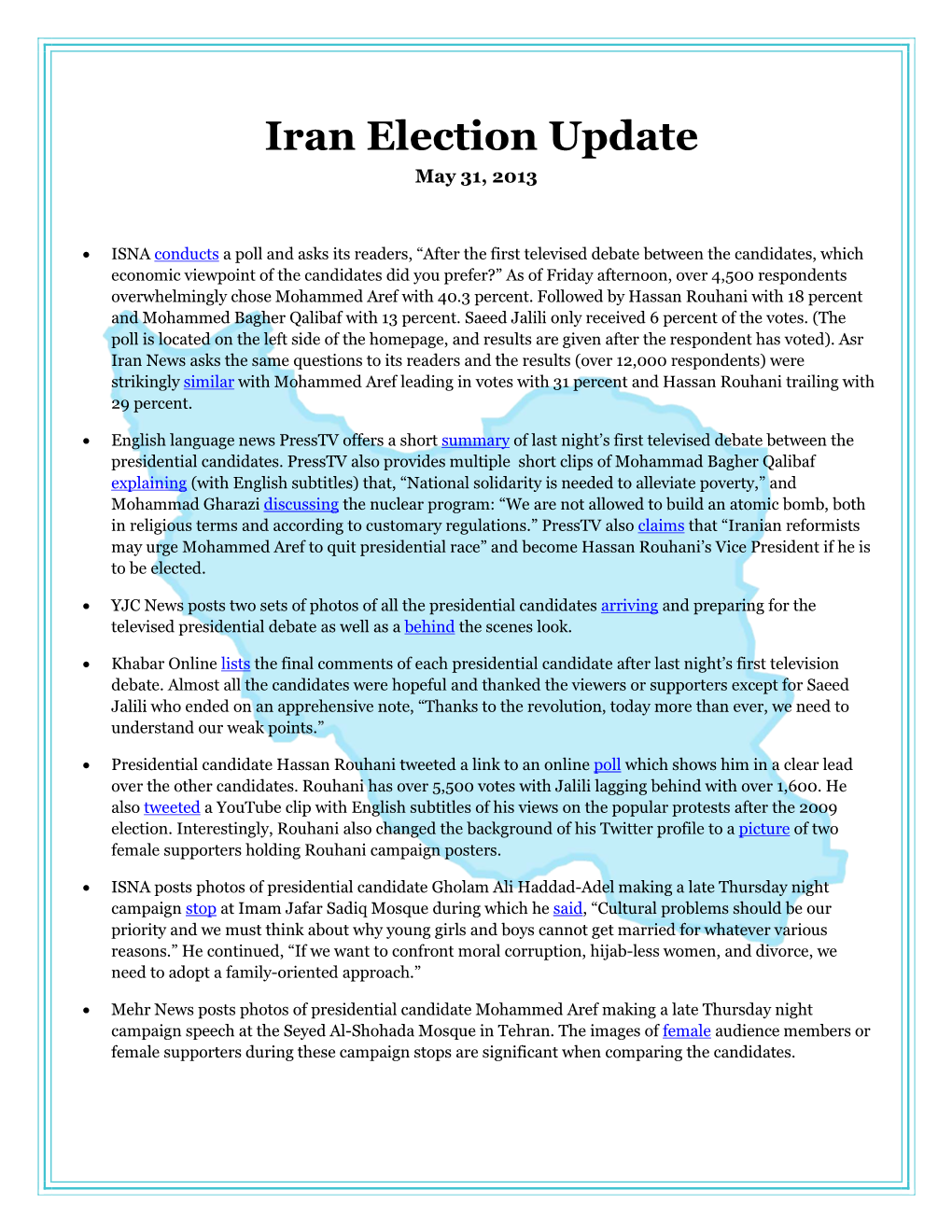 Iran Election Update May 31, 2013