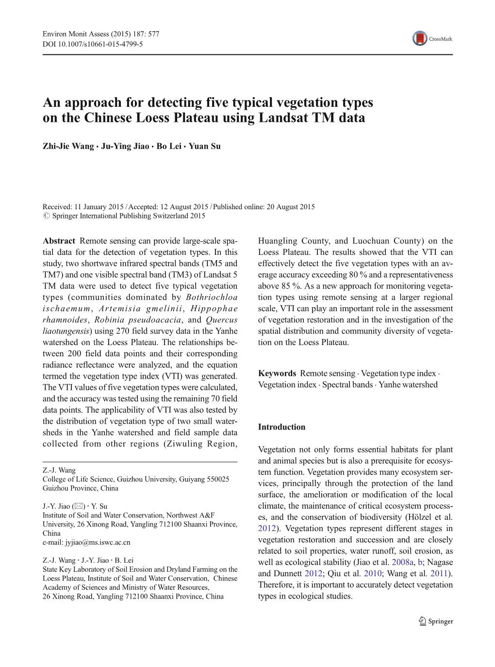 An Approach for Detecting Five Typical Vegetation Types on the Chinese Loess Plateau Using Landsat TM Data