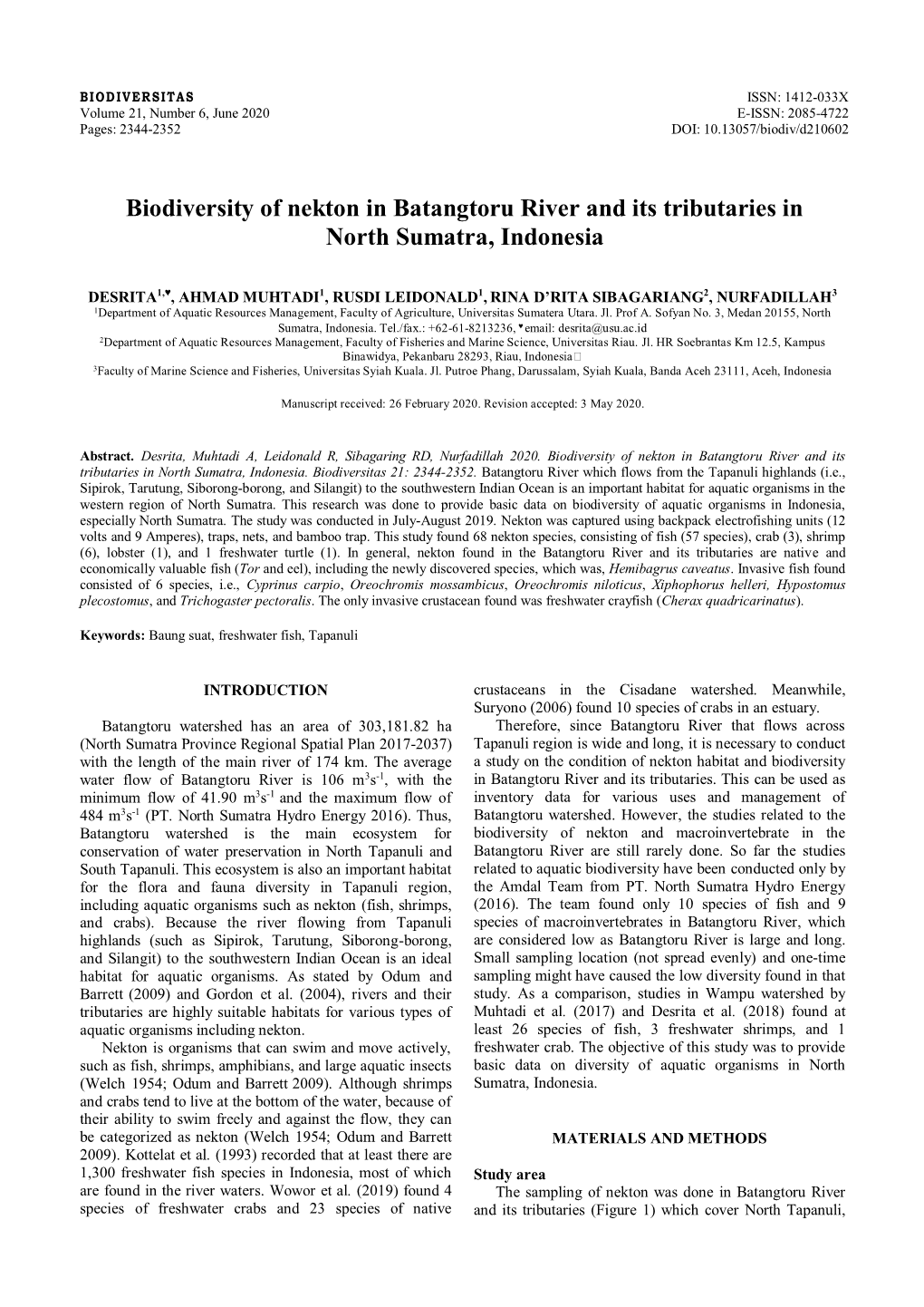 Biodiversity of Nekton in Batangtoru River and Its Tributaries in North Sumatra, Indonesia